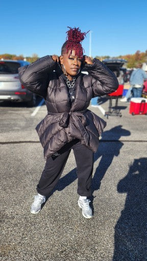 BLACK FRONT WRAP TIE PUFF JACKET