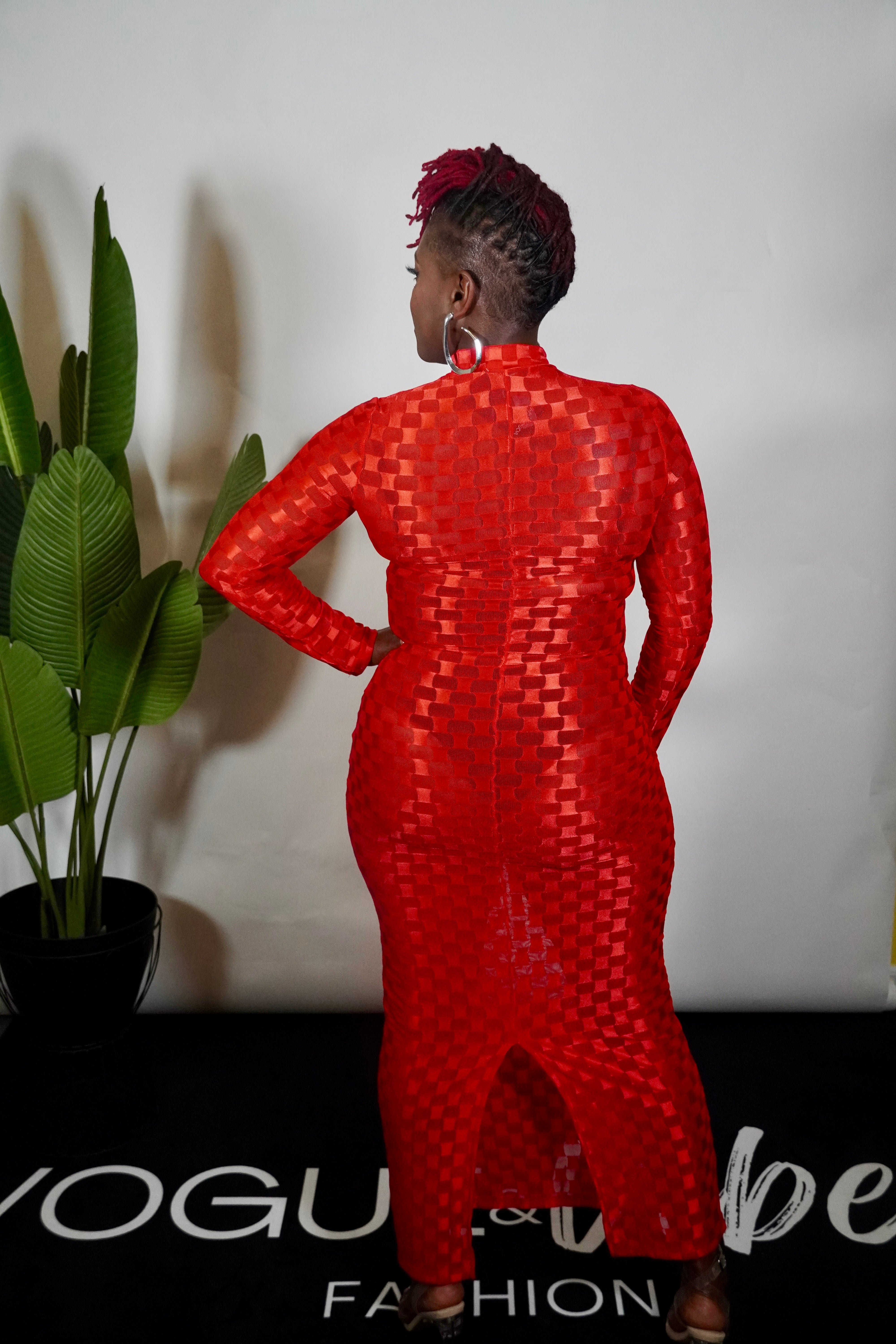 RED CHESSBOARD PATTERNED MAXI DRESS