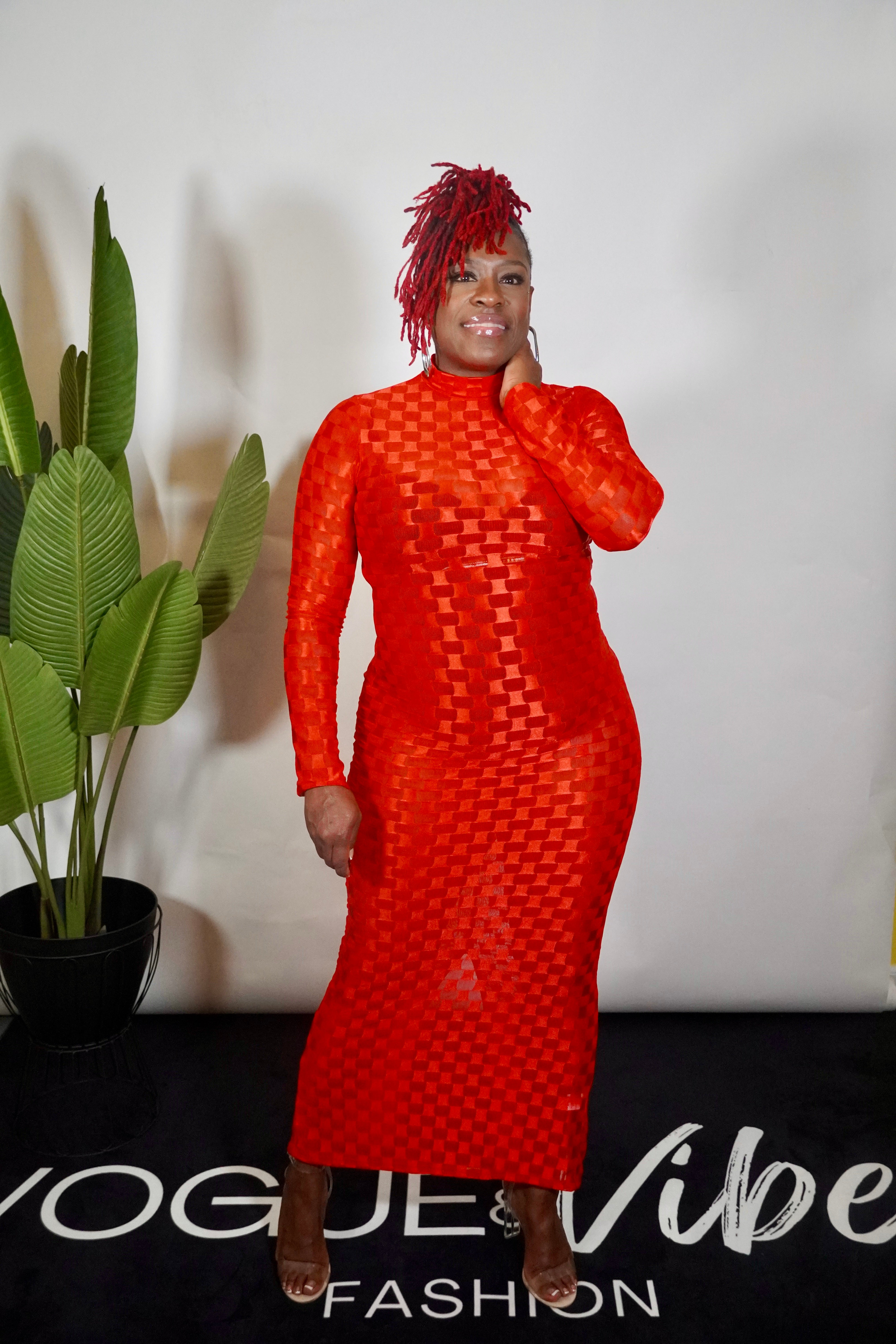 RED CHESSBOARD PATTERNED MAXI DRESS