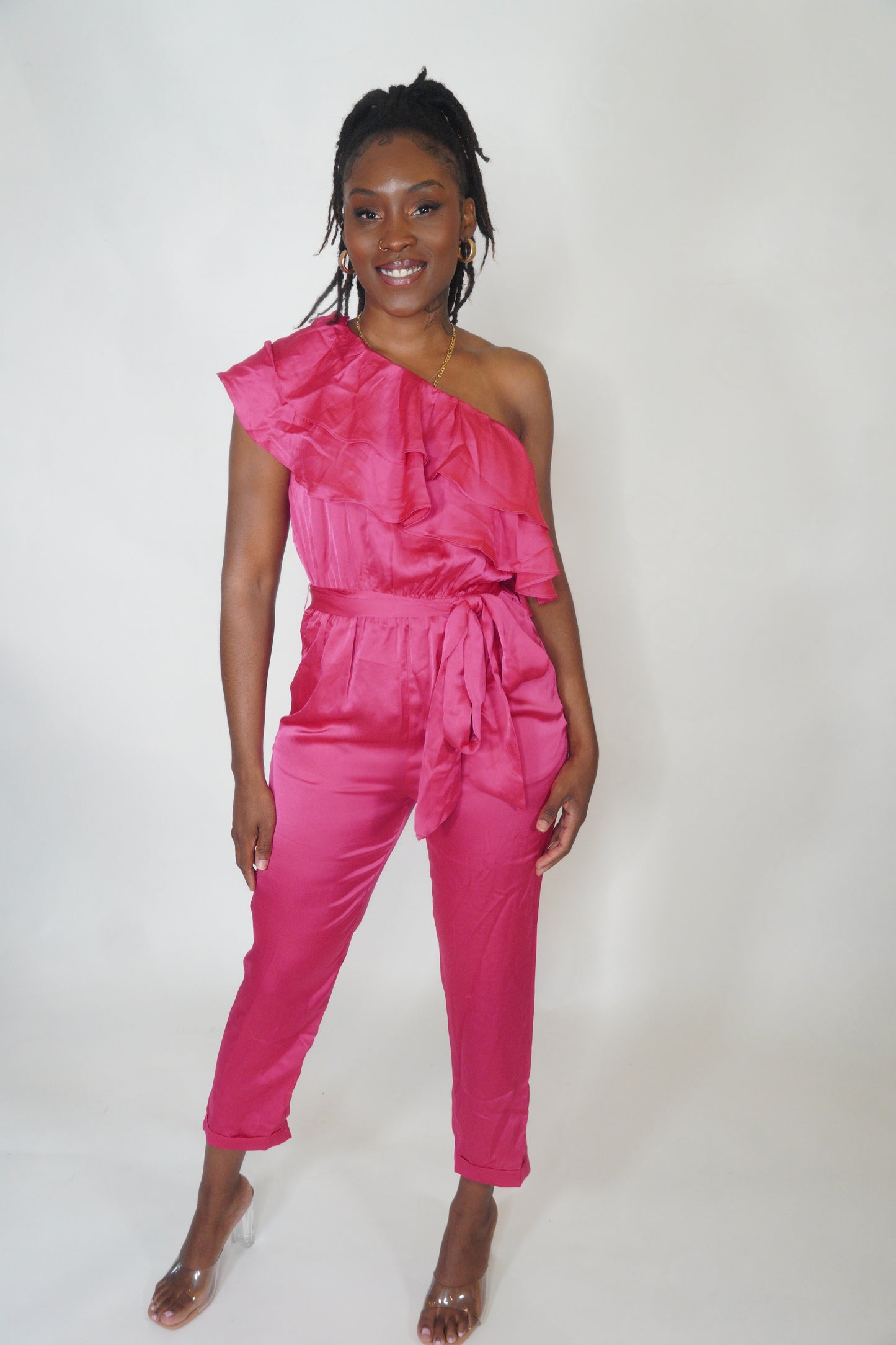 Pink Ruffled Satin Jumpsuit