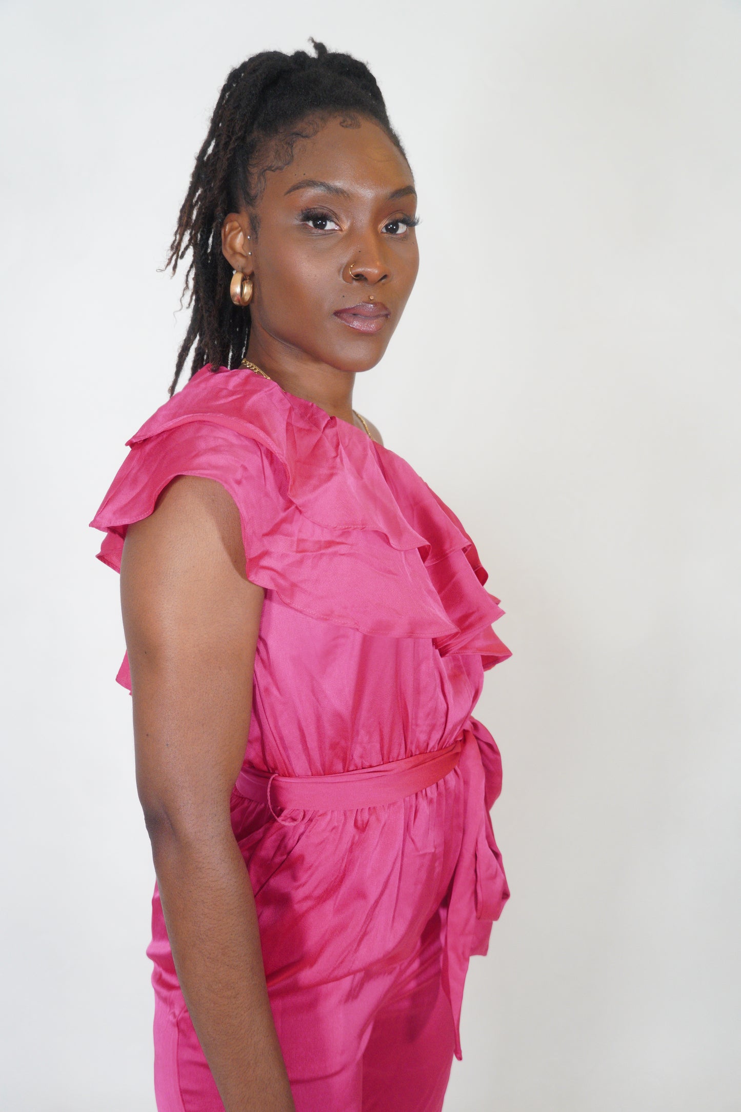 Pink Ruffled Satin Jumpsuit