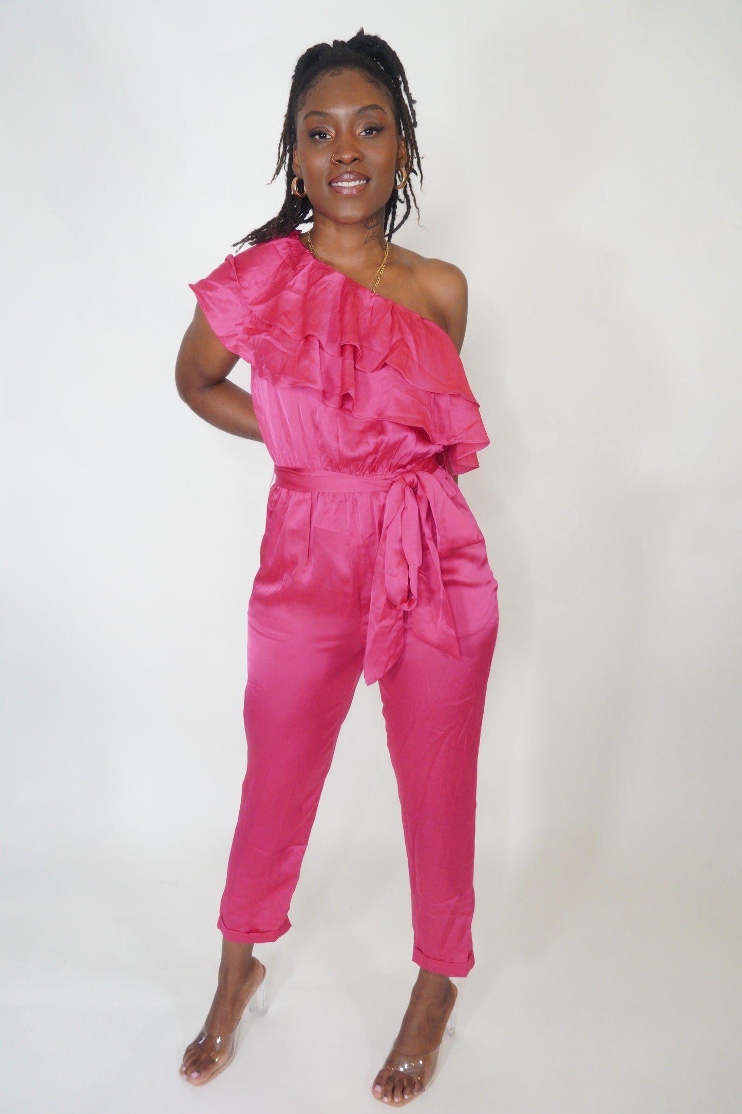 Pink Ruffled Satin Jumpsuit