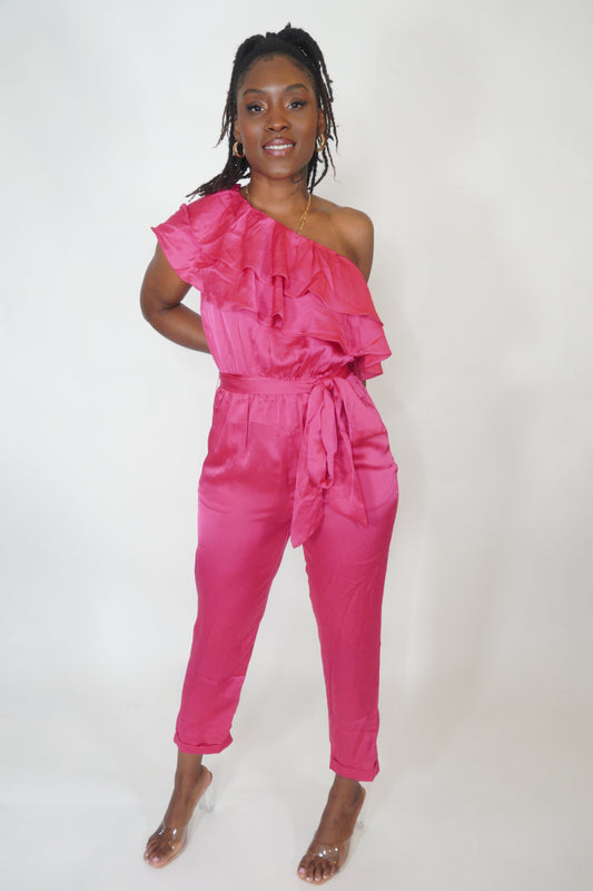 Pink Ruffled Satin Jumpsuit
