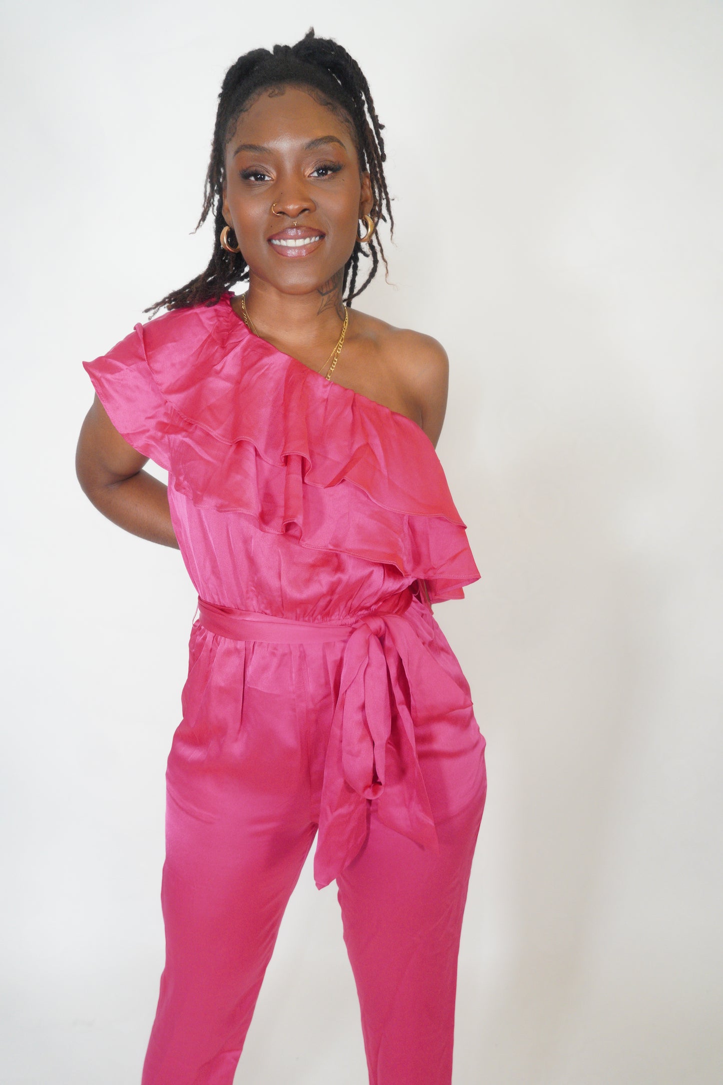 Pink Ruffled Satin Jumpsuit