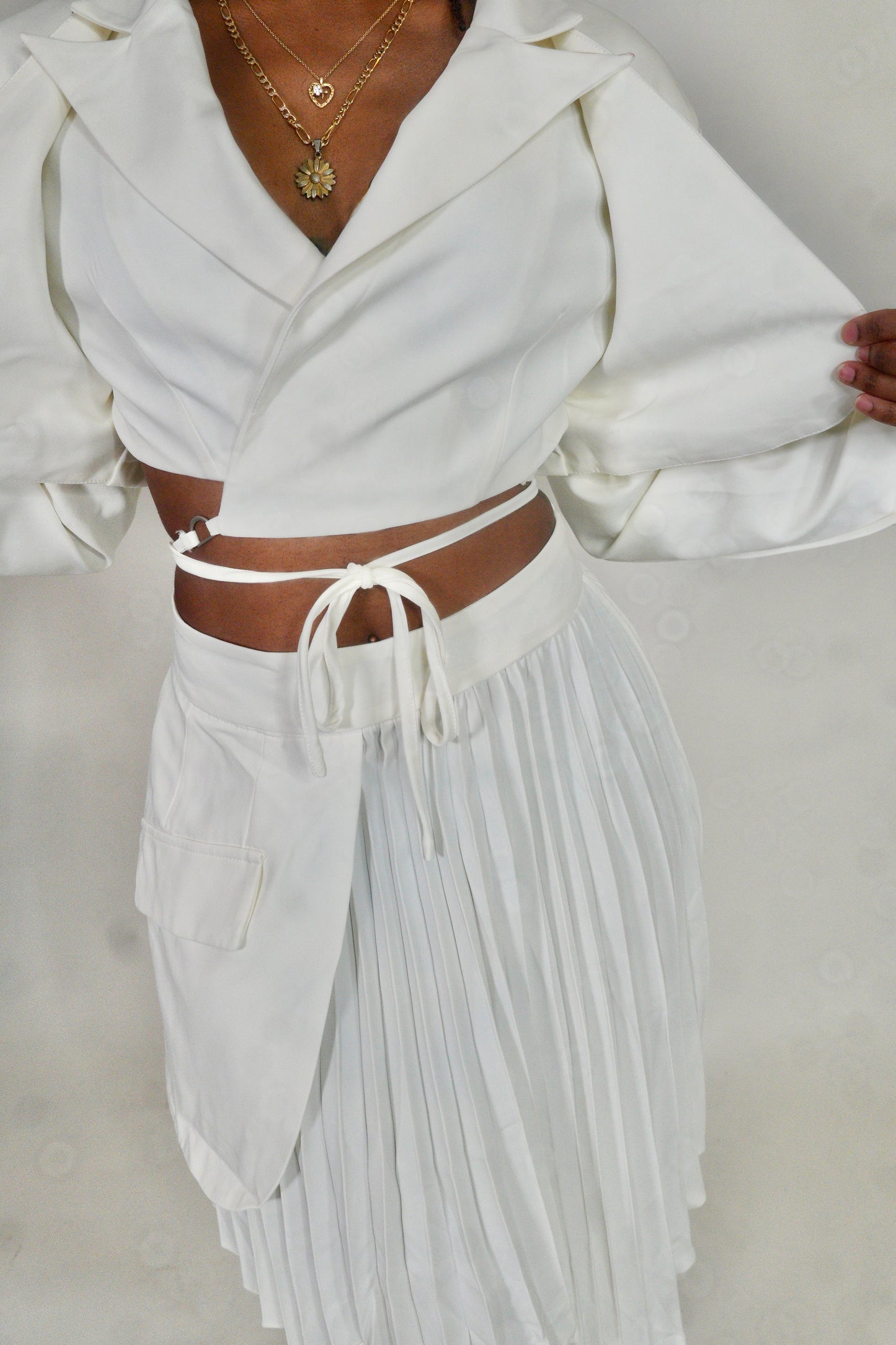 Off white two piece crop blazer skirt set