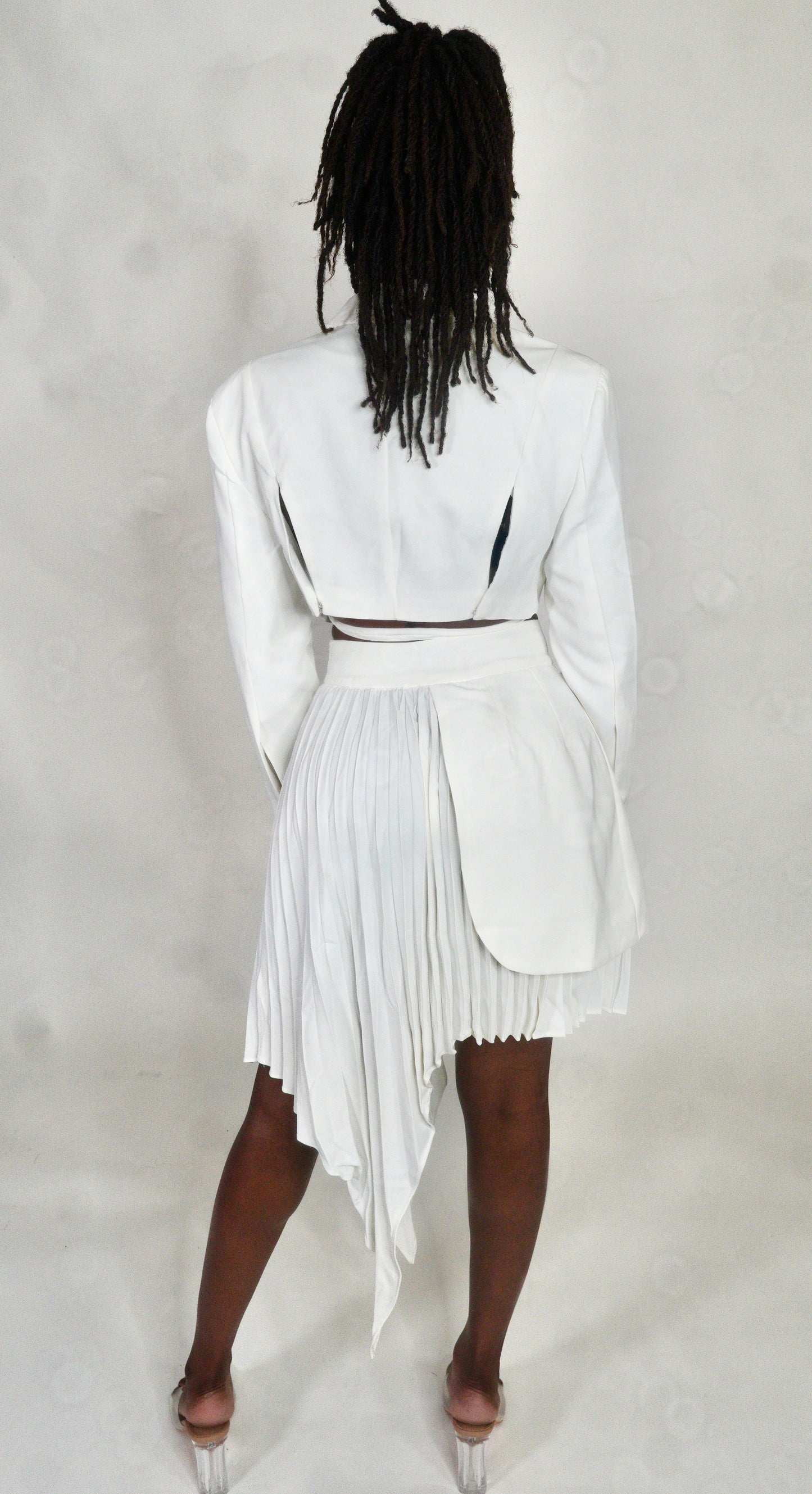 Off white two piece crop blazer skirt set