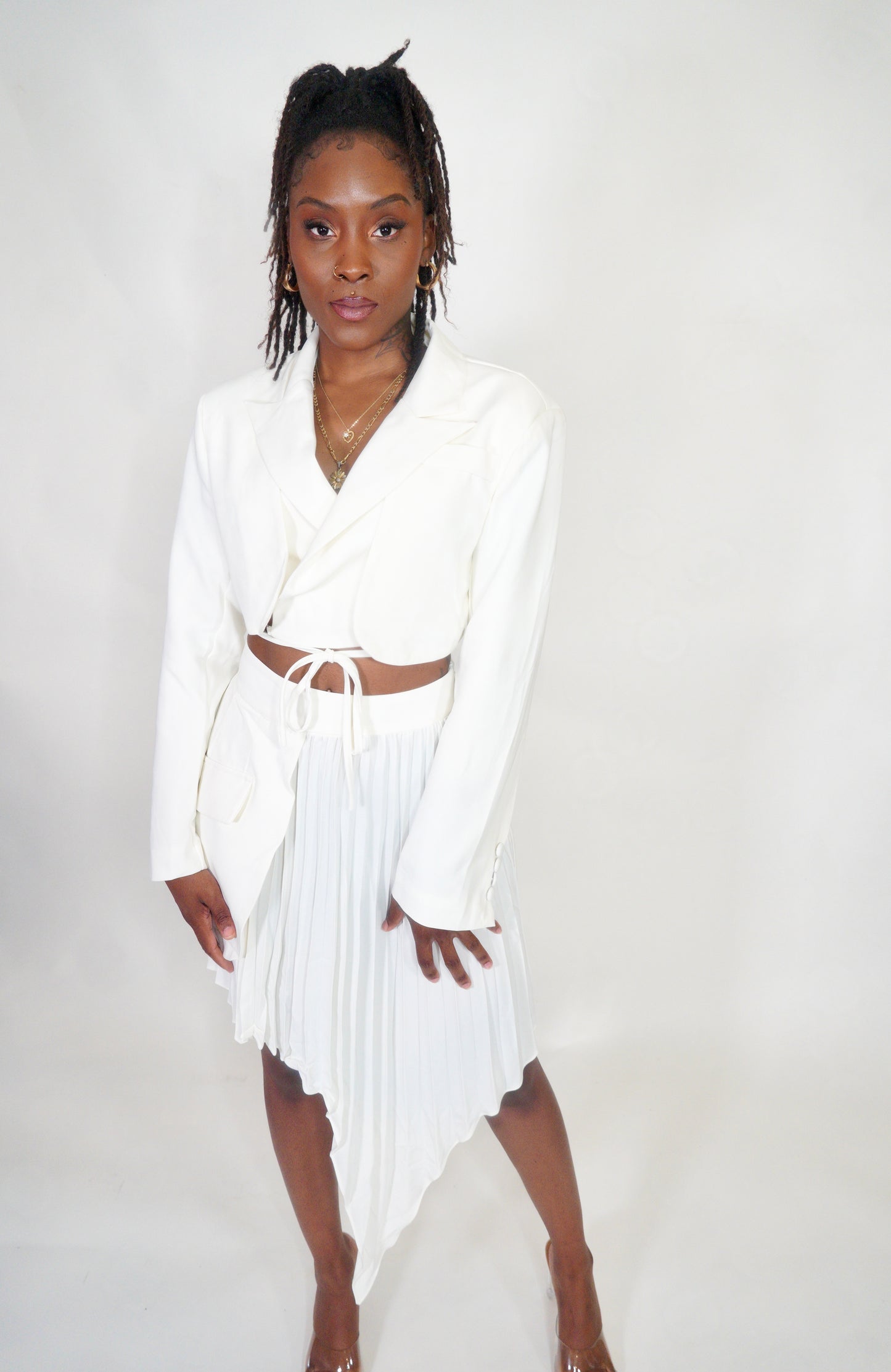 Off white two piece crop blazer skirt set