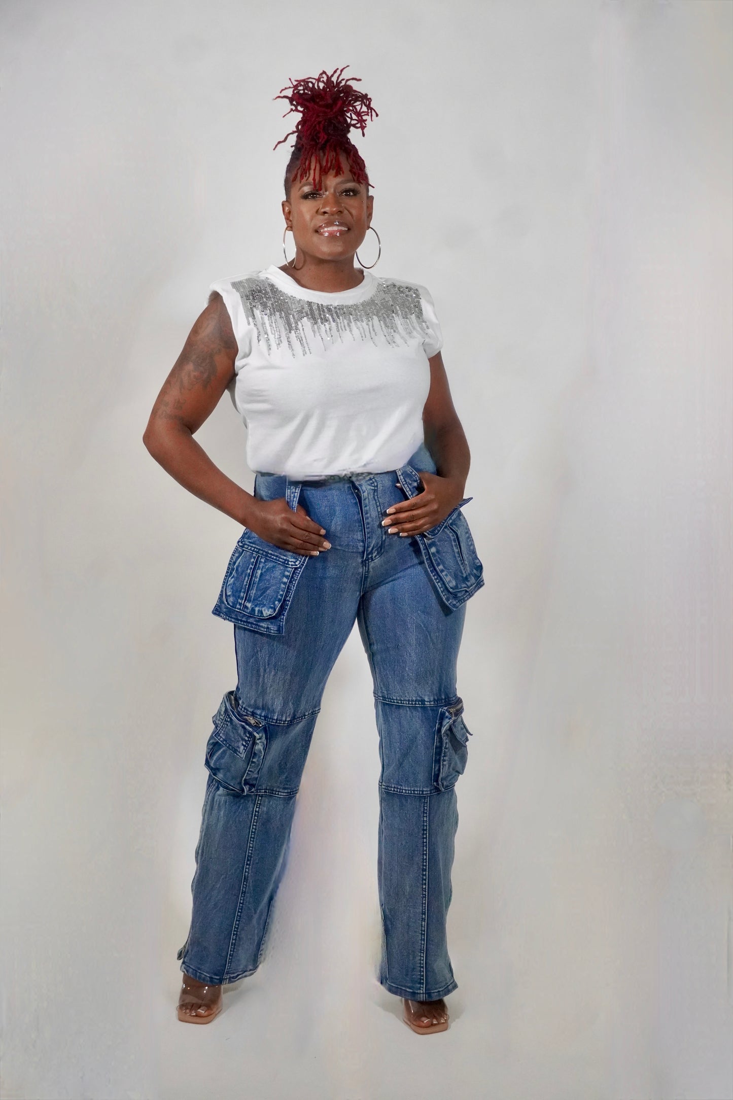 OFF WHIITE SLEEVELESS PADDED SHOULDER SEQUIN TOP