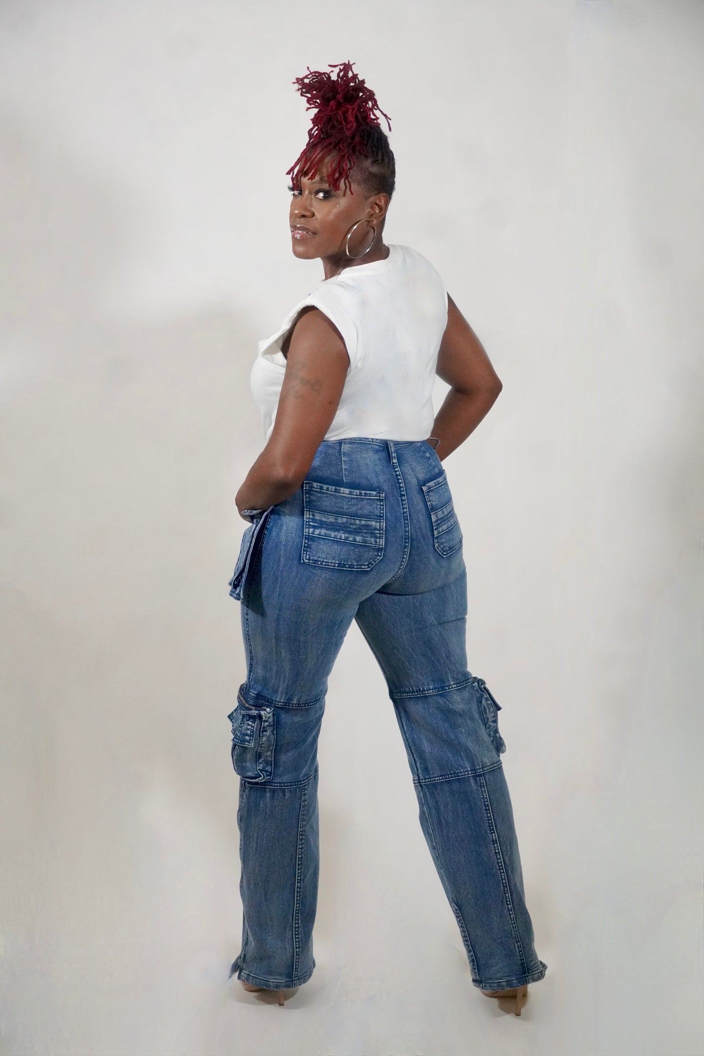 STRETCH DENIM CARGO PANTS WITH ZIPPER DETAIL