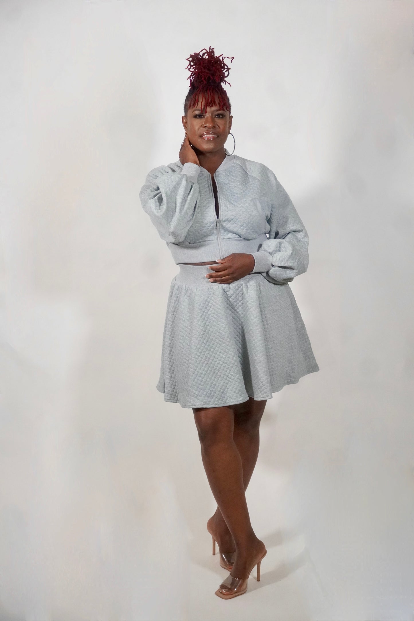 GRAY QUILTED JACKET & MINI SKIRT SET