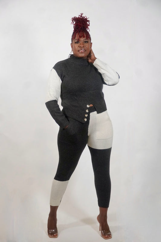 CHARCOAL TWO-TONE KNIT TOP AND JOGGER SET