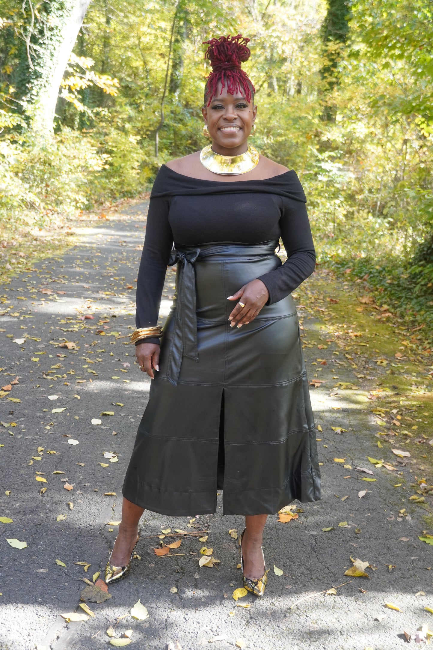 BLACK OFF SHOULDER FAUX LEATHER LONG DRESS