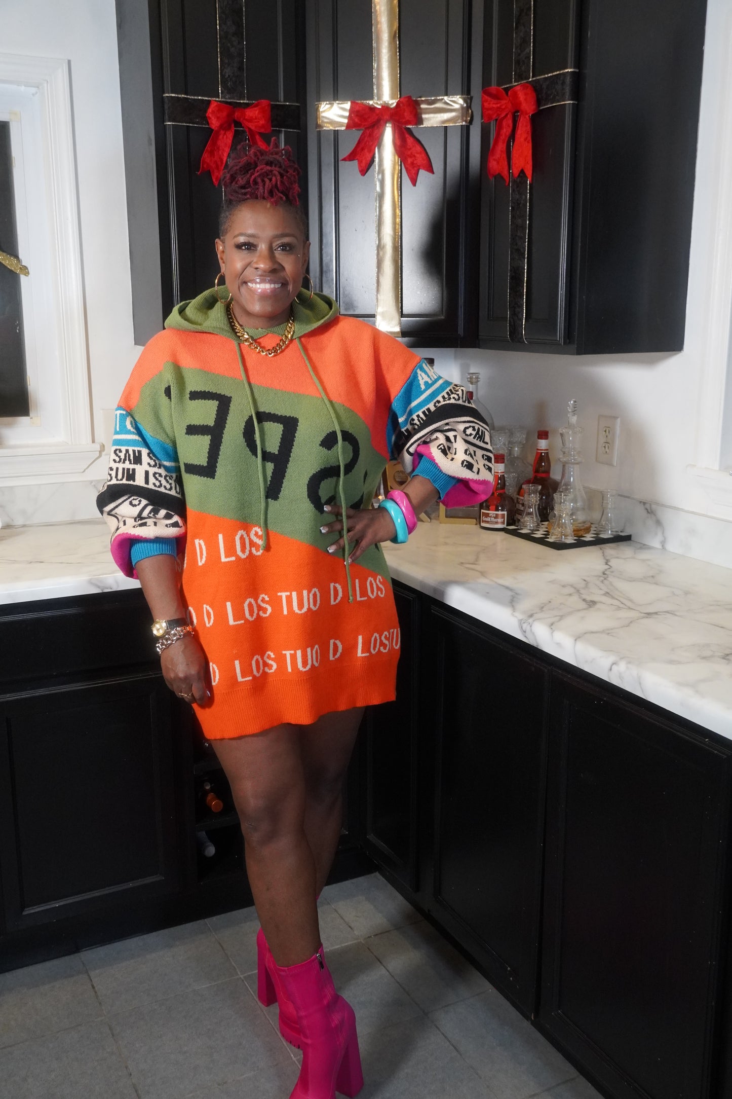 COLOR BLOCK KNIT HOODIE DRESS