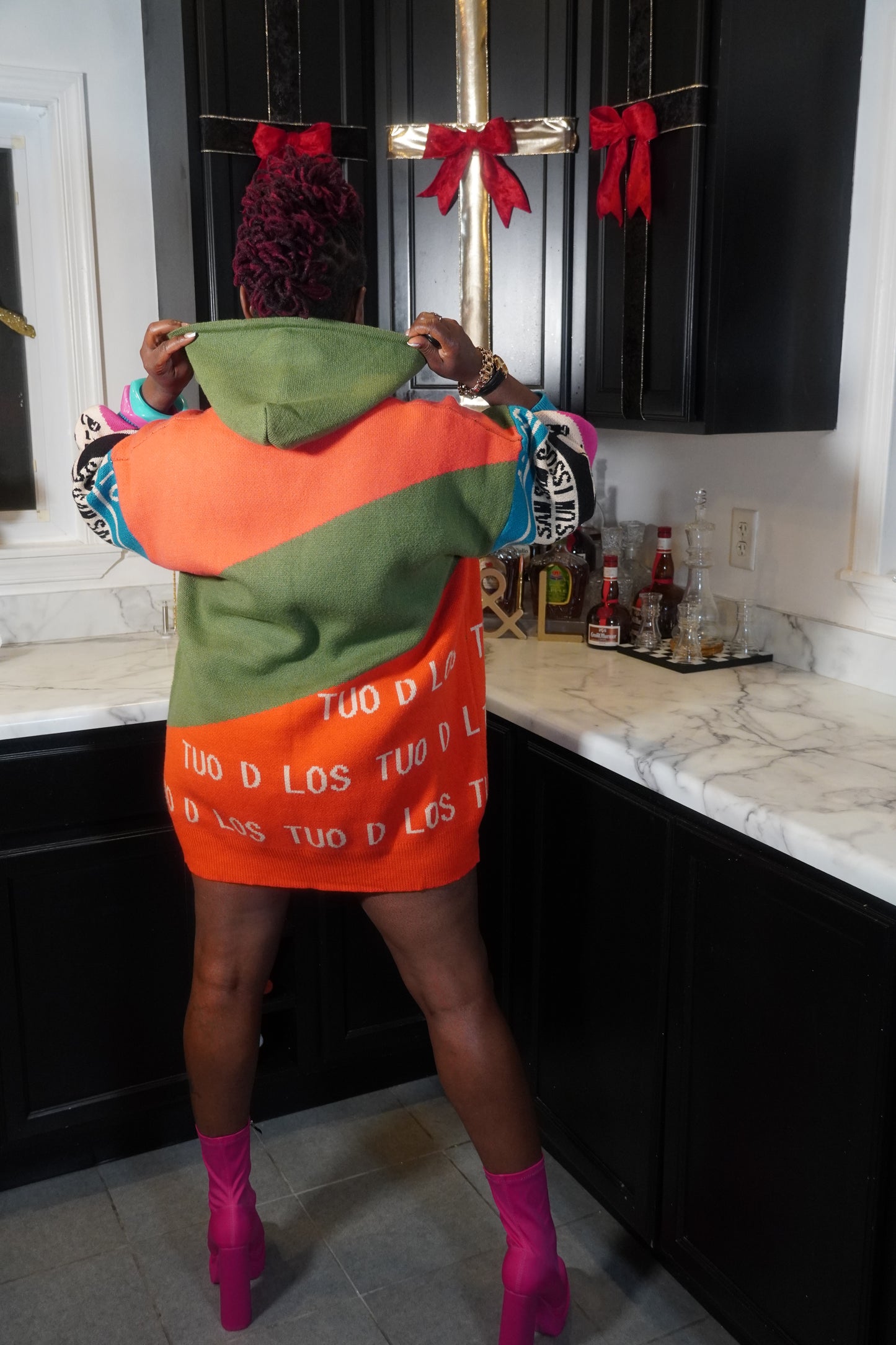 COLOR BLOCK KNIT HOODIE DRESS