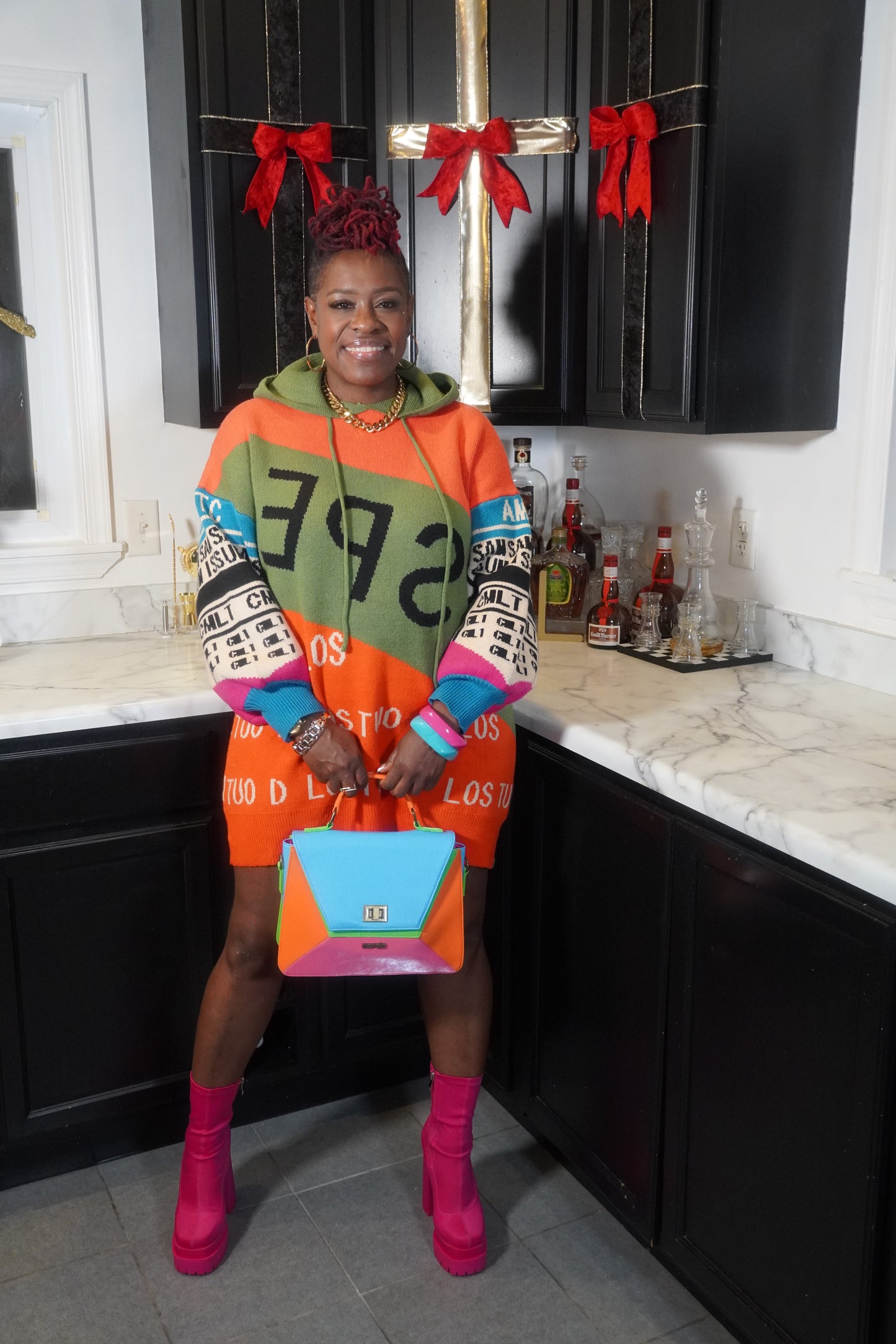 COLOR BLOCK KNIT HOODIE DRESS