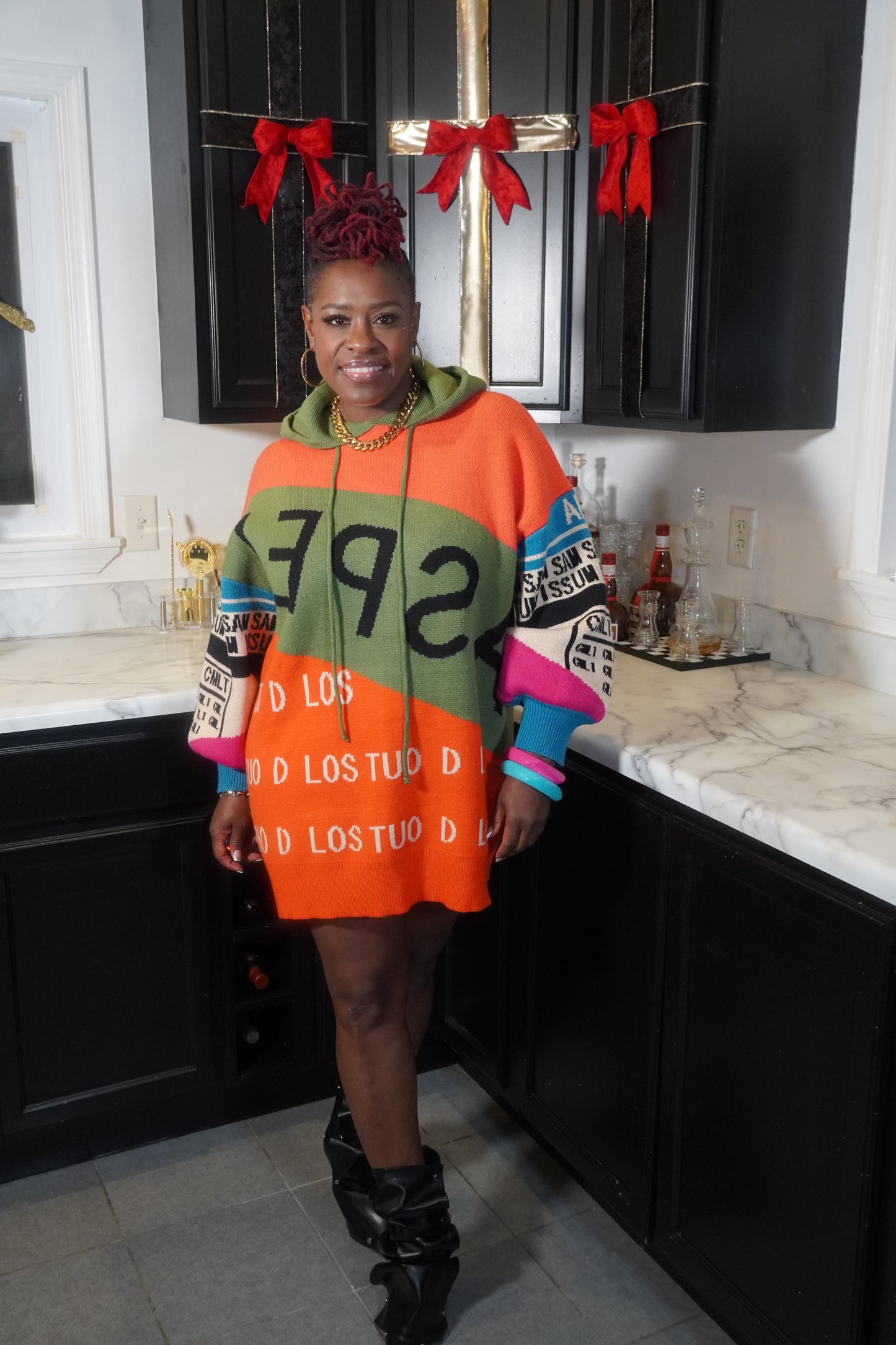 COLOR BLOCK KNIT HOODIE DRESS