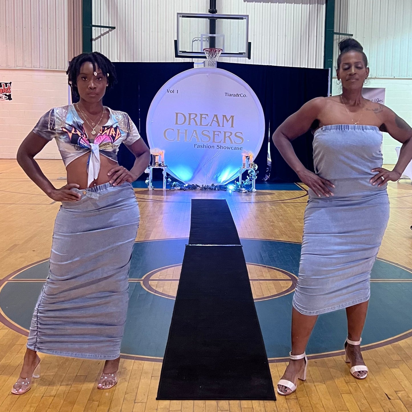 RUCHED MAXI DENIM SKIRT