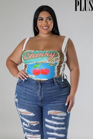 PLUS SIZE GRAPHIC FRONT LACE UP SIDE CROP TOP