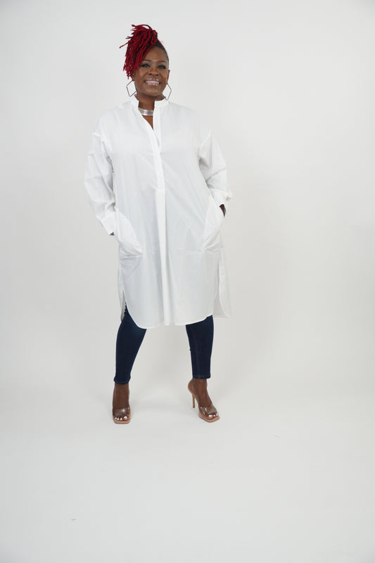Button-down shirt dress w/pockets