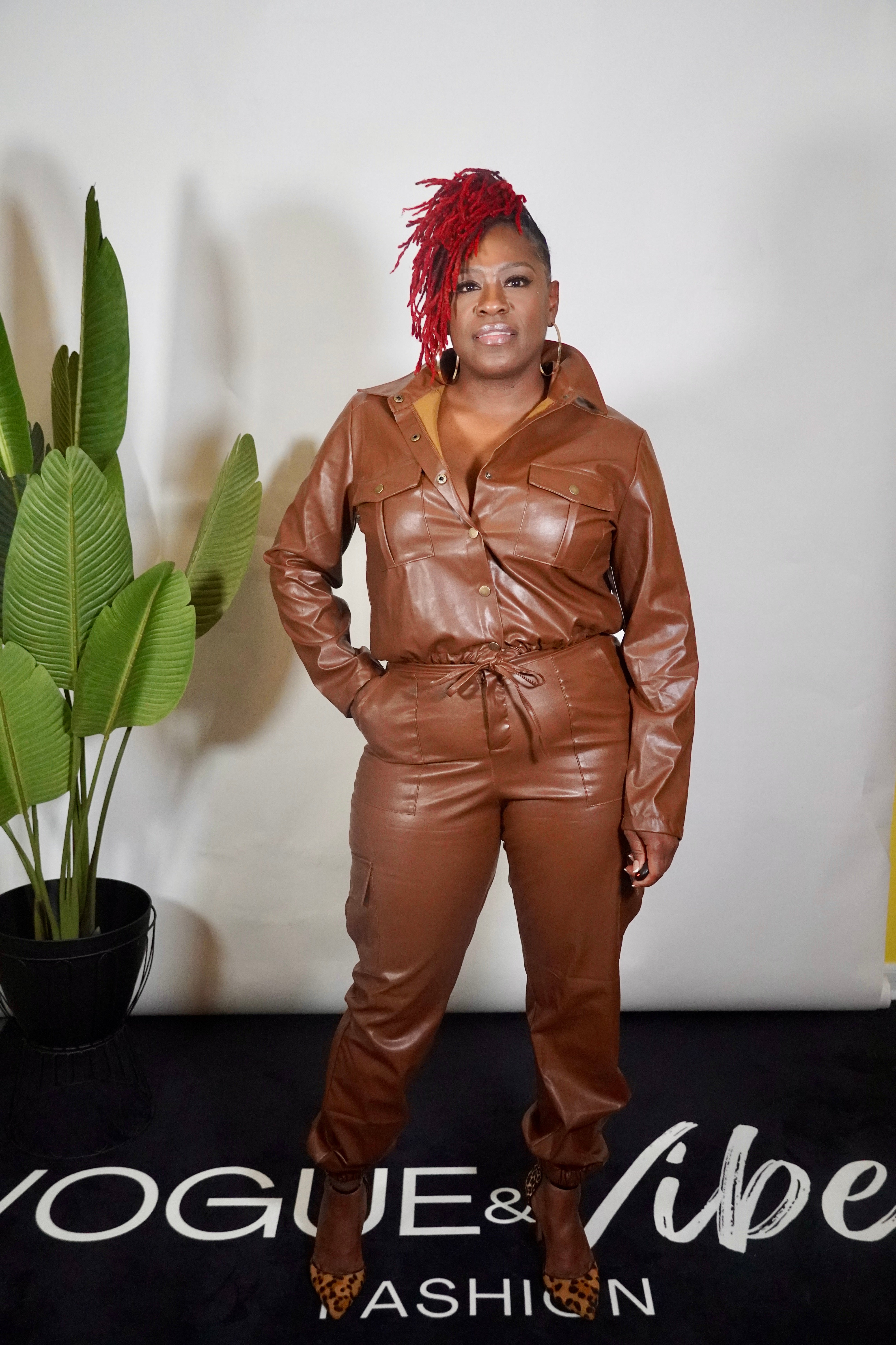 2 Piece Brown Faux Leather Pant Set
