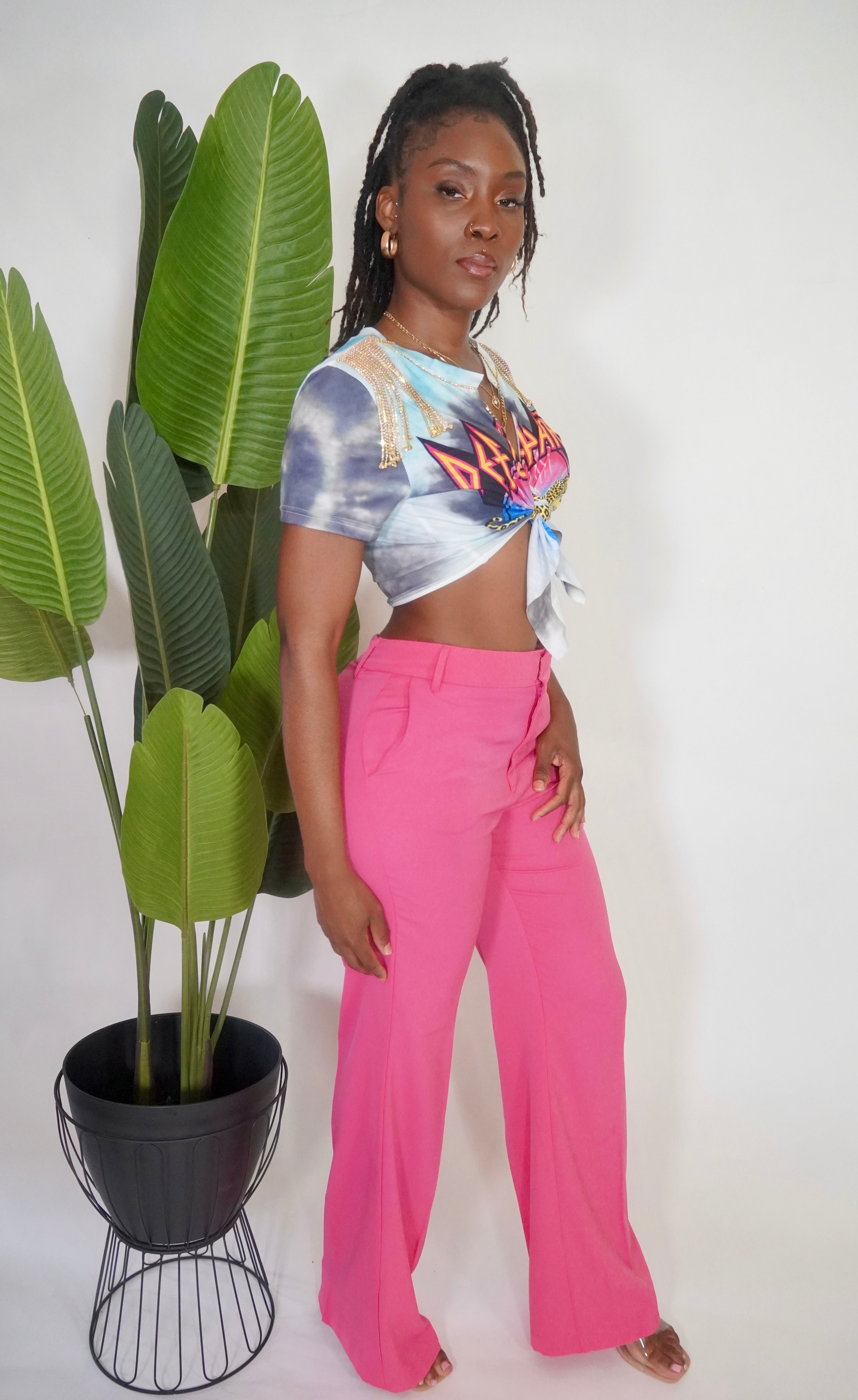 Pink high waisted slight flare trousers