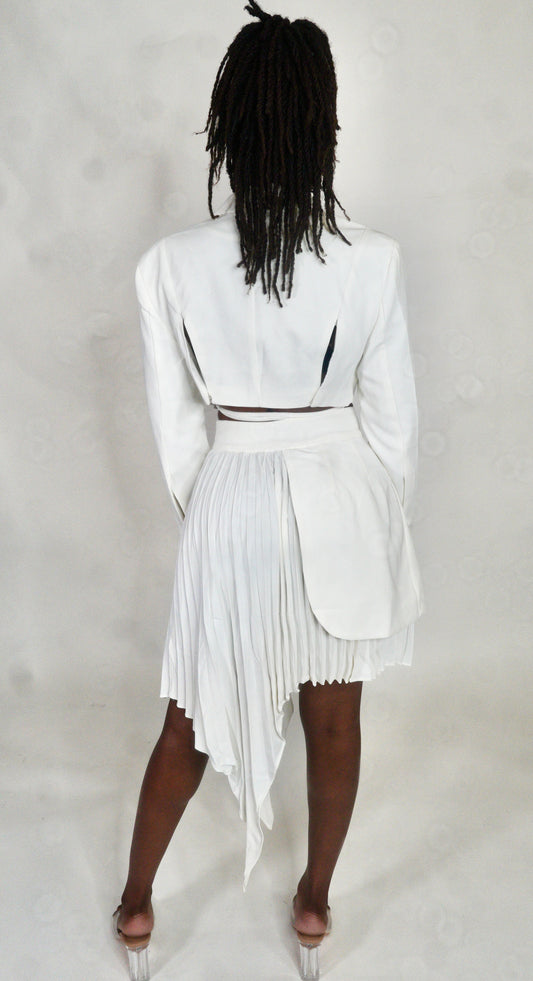 Off white two piece crop blazer skirt set