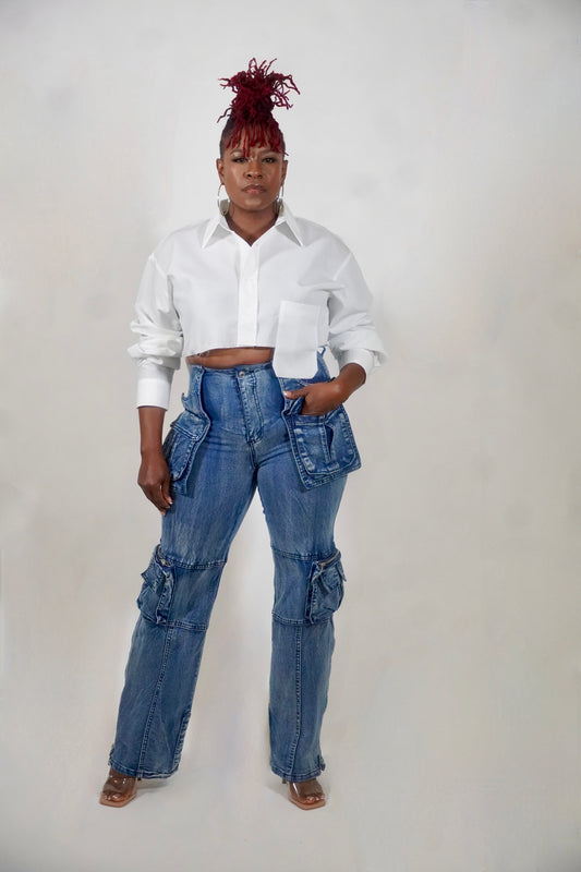 STRETCH DENIM CARGO PANTS WITH ZIPPER DETAIL