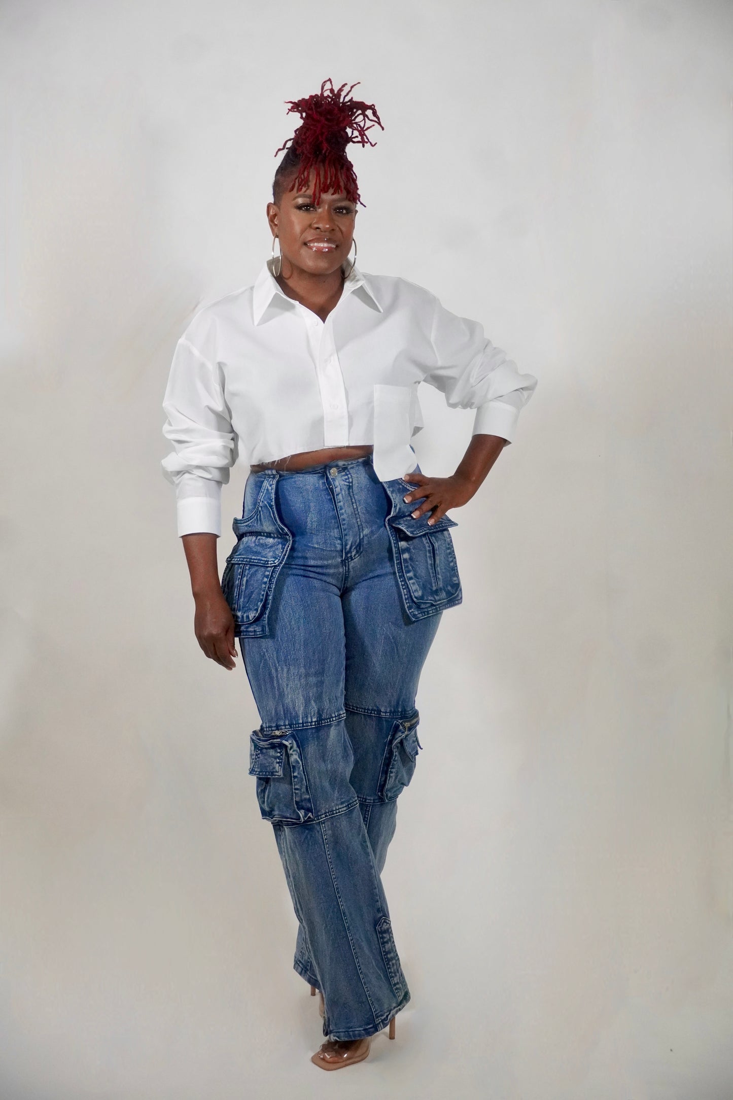 STRETCH DENIM CARGO PANTS WITH ZIPPER DETAIL