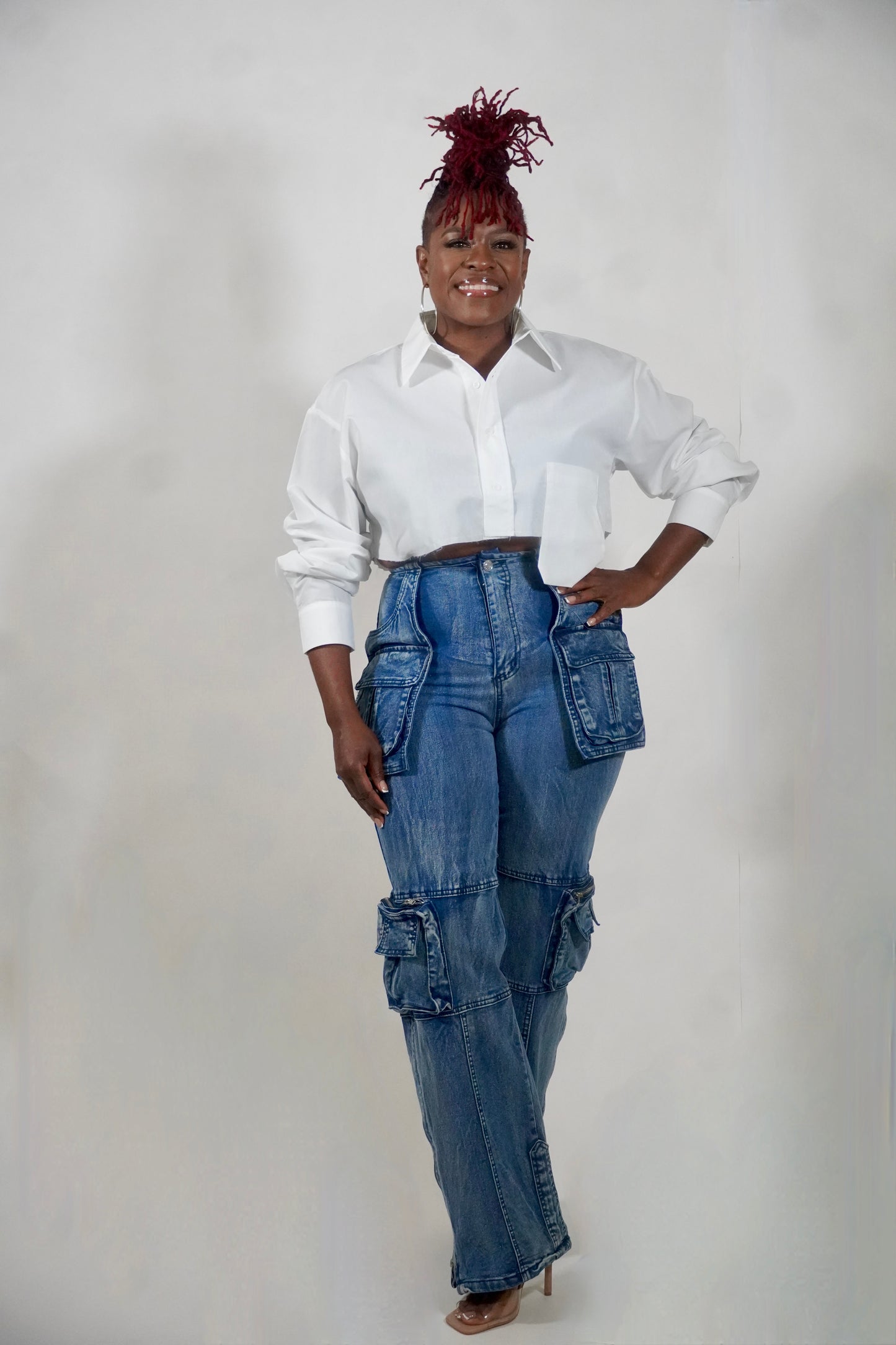 STRETCH DENIM CARGO PANTS WITH ZIPPER DETAIL
