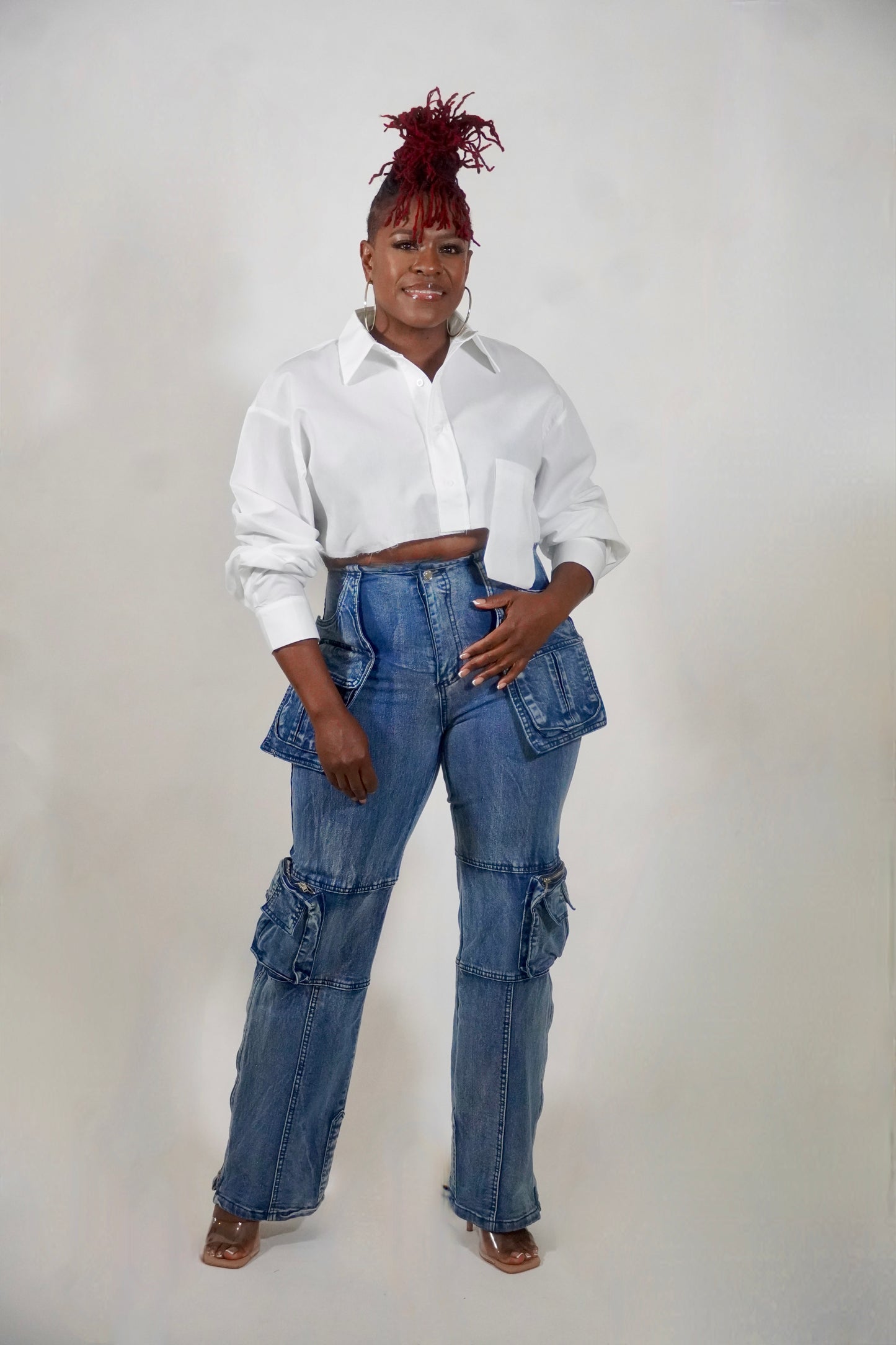 White button cropped long sleeve shirt