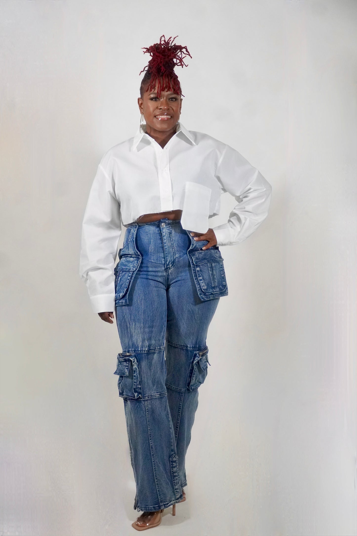 STRETCH DENIM CARGO PANTS WITH ZIPPER DETAIL