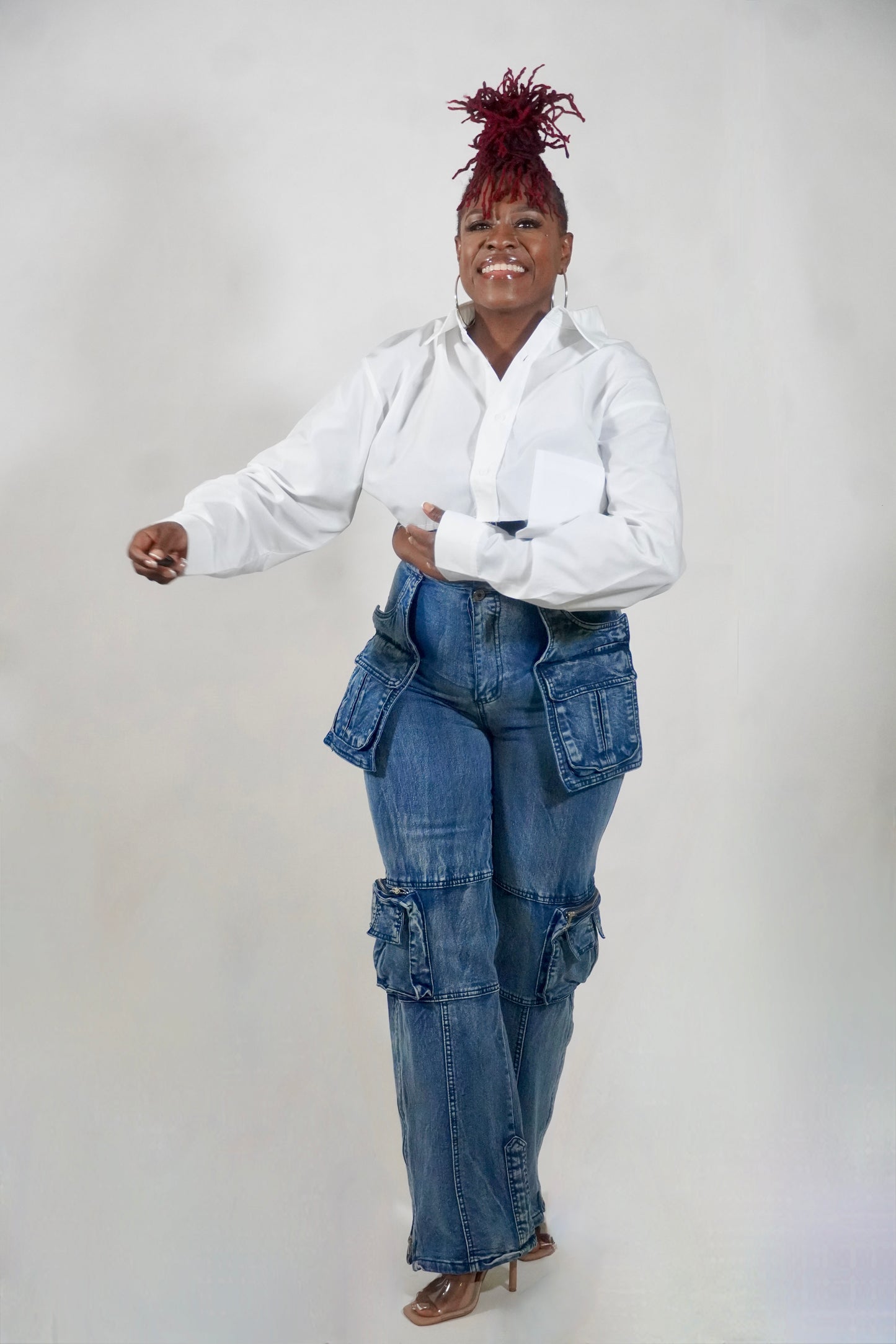 STRETCH DENIM CARGO PANTS WITH ZIPPER DETAIL