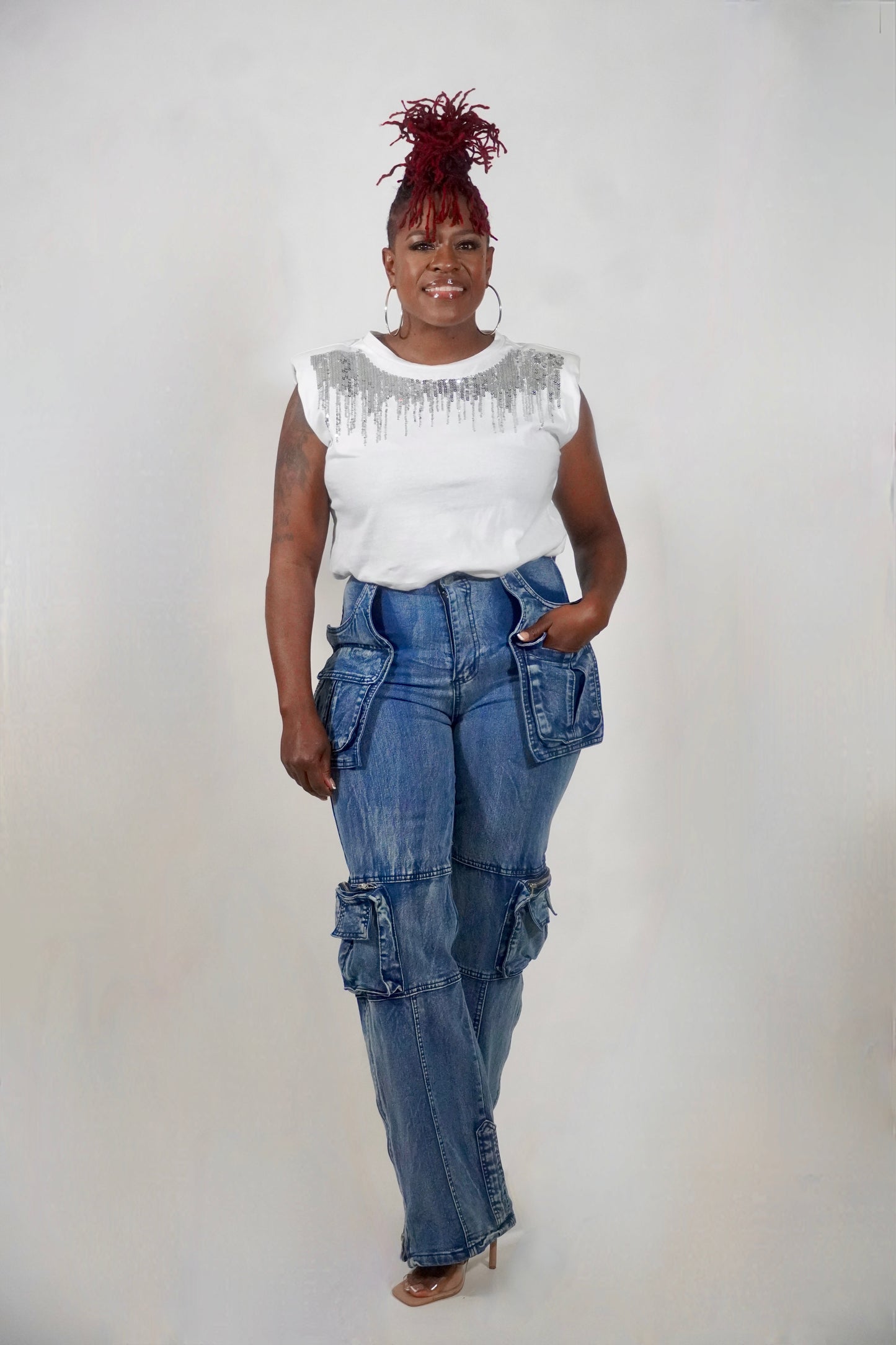 STRETCH DENIM CARGO PANTS WITH ZIPPER DETAIL
