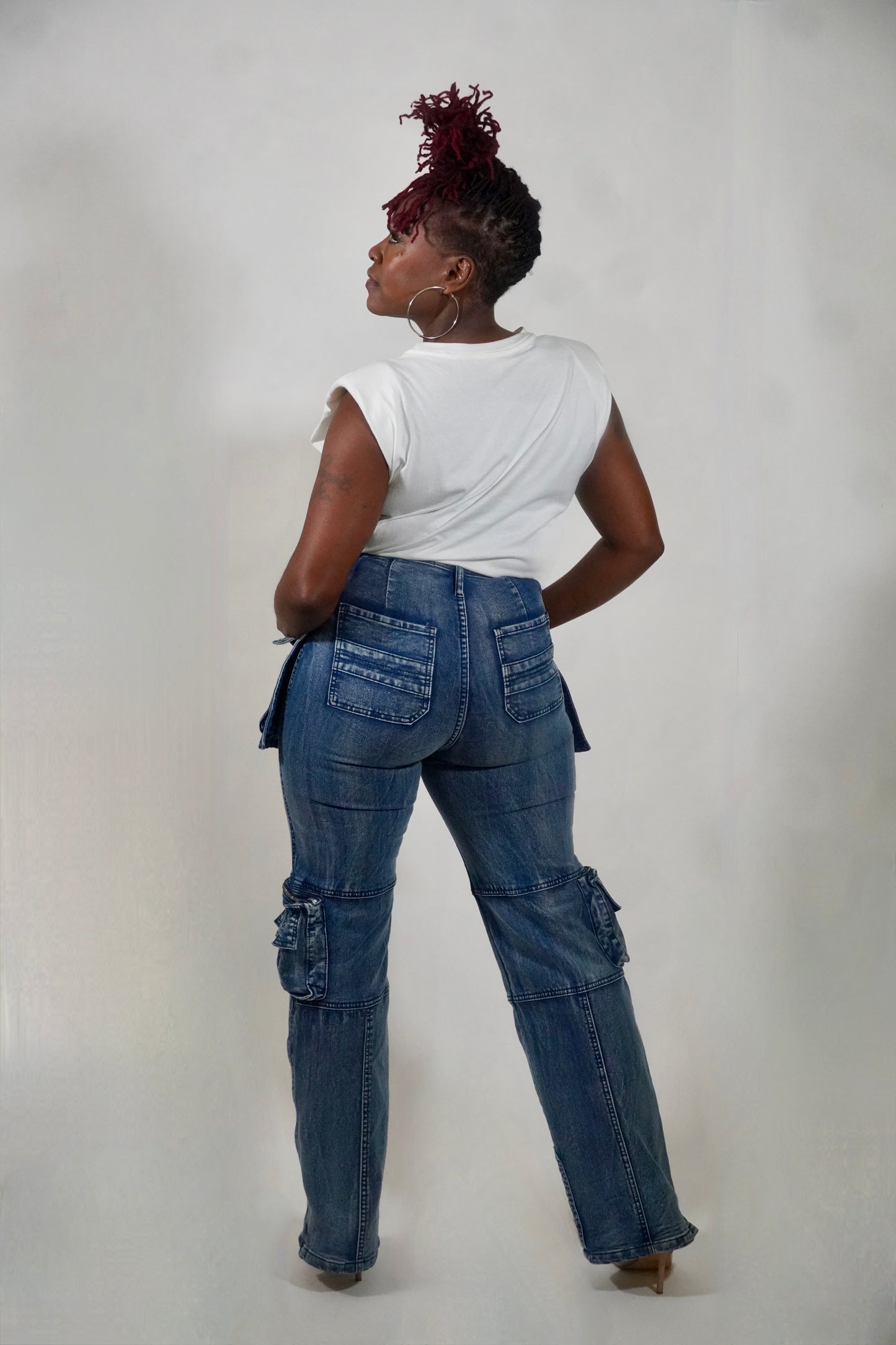 STRETCH DENIM CARGO PANTS WITH ZIPPER DETAIL