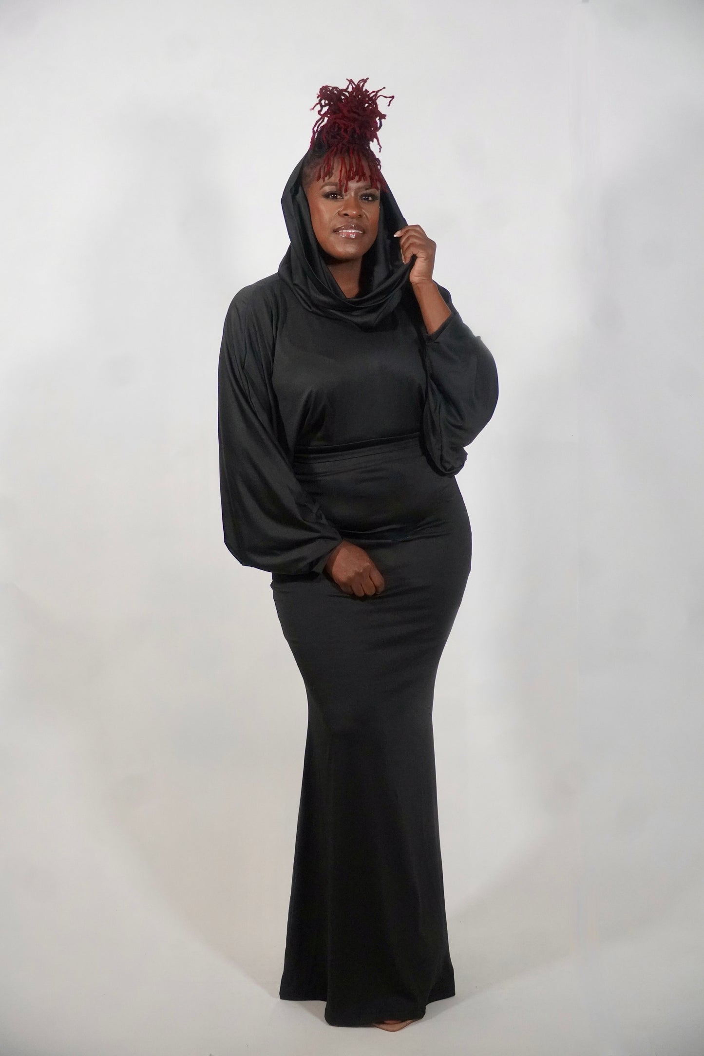 BLACK SOLID HOODIE CROP TOP AND MAXI SKIRT SET