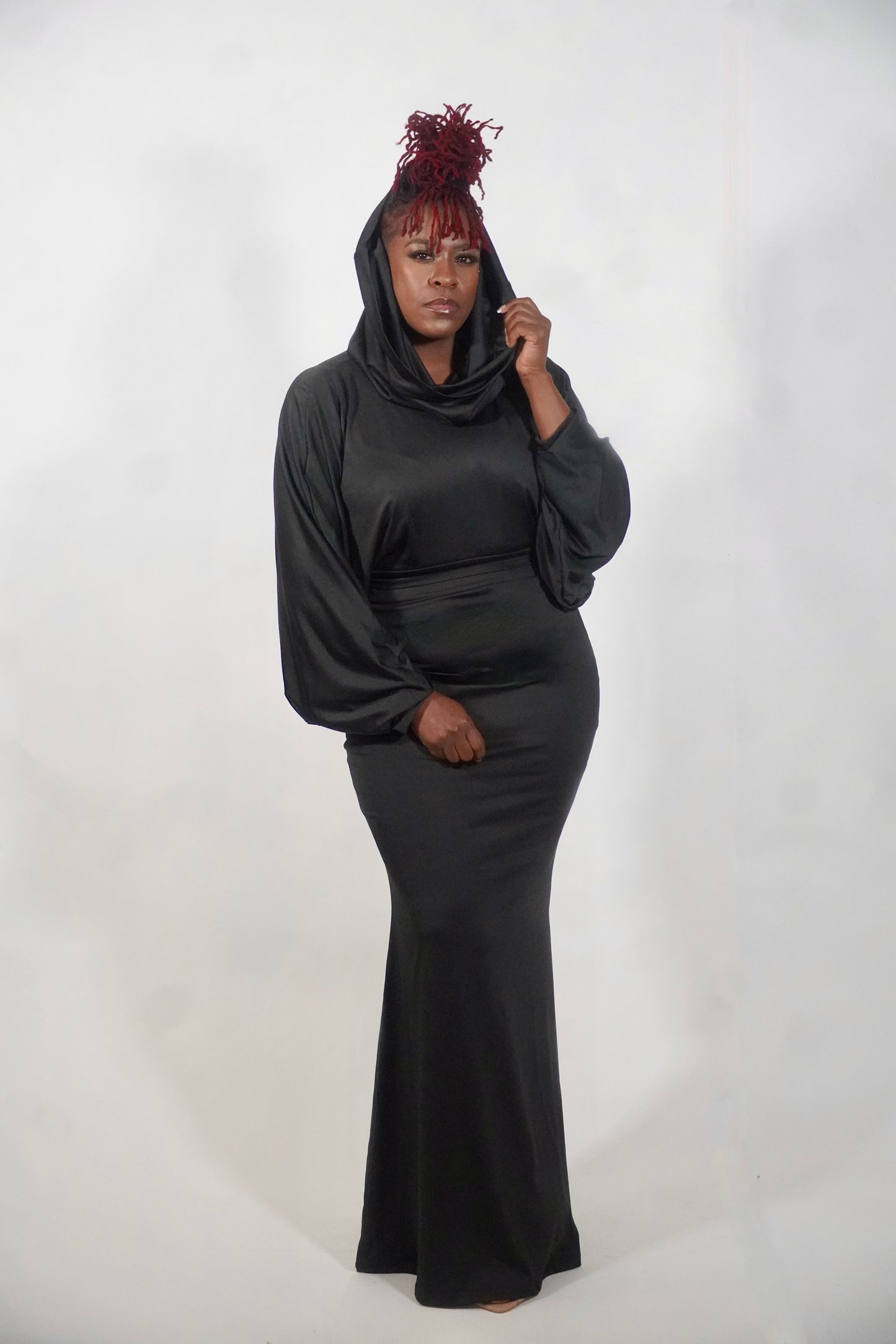 BLACK SOLID HOODIE CROP TOP AND MAXI SKIRT SET