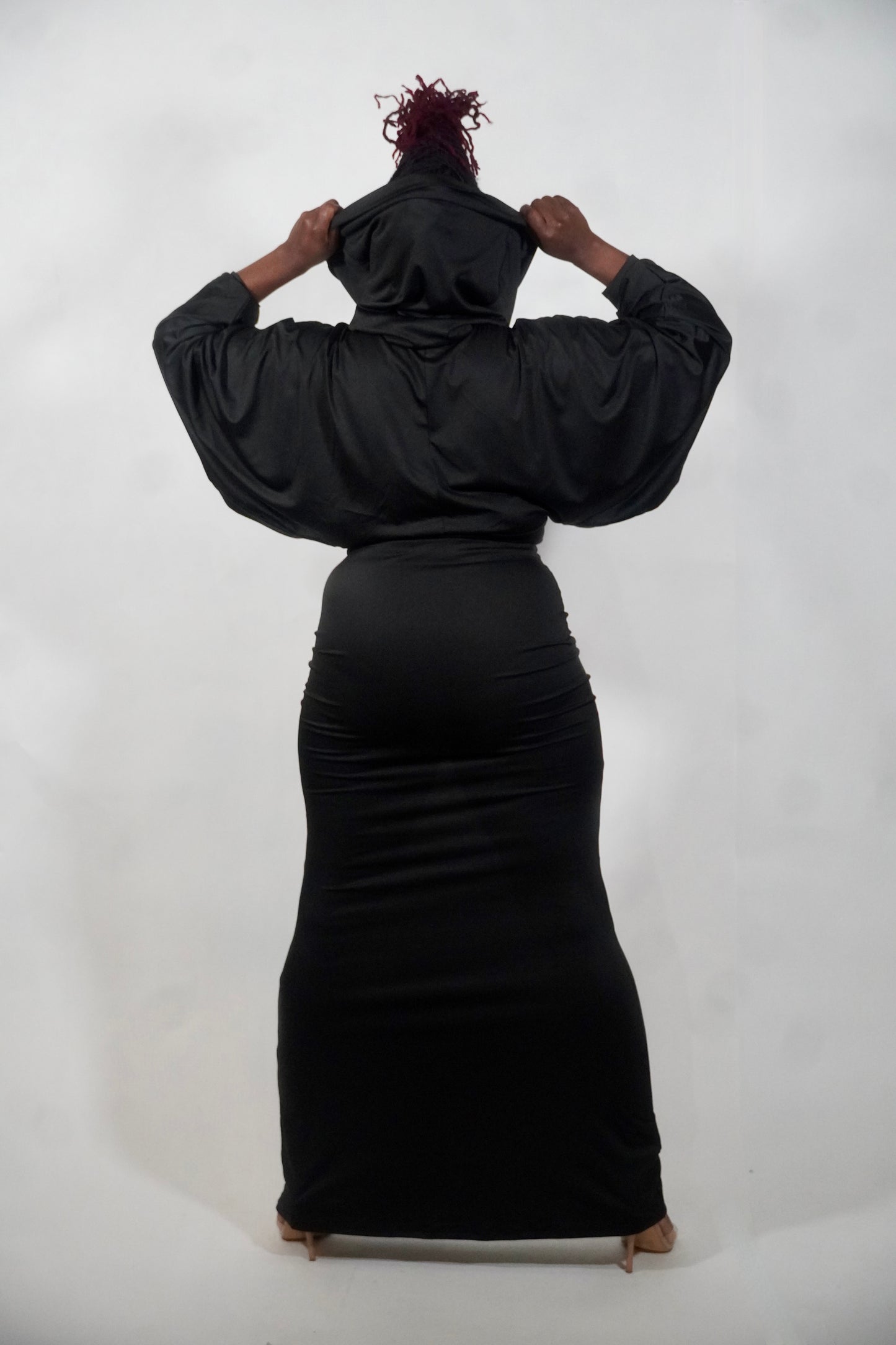 BLACK SOLID HOODIE CROP TOP AND MAXI SKIRT SET