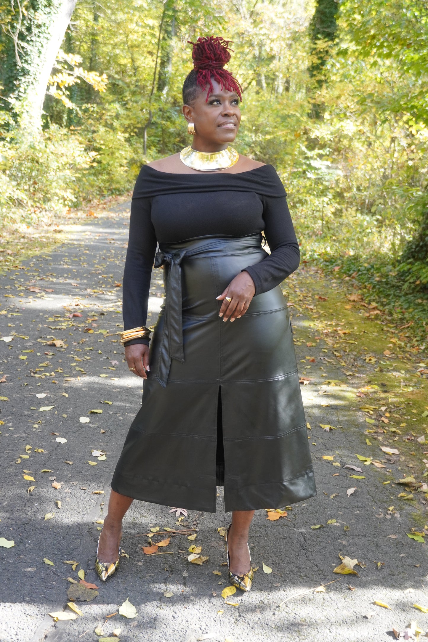 BLACK OFF SHOULDER FAUX LEATHER LONG DRESS