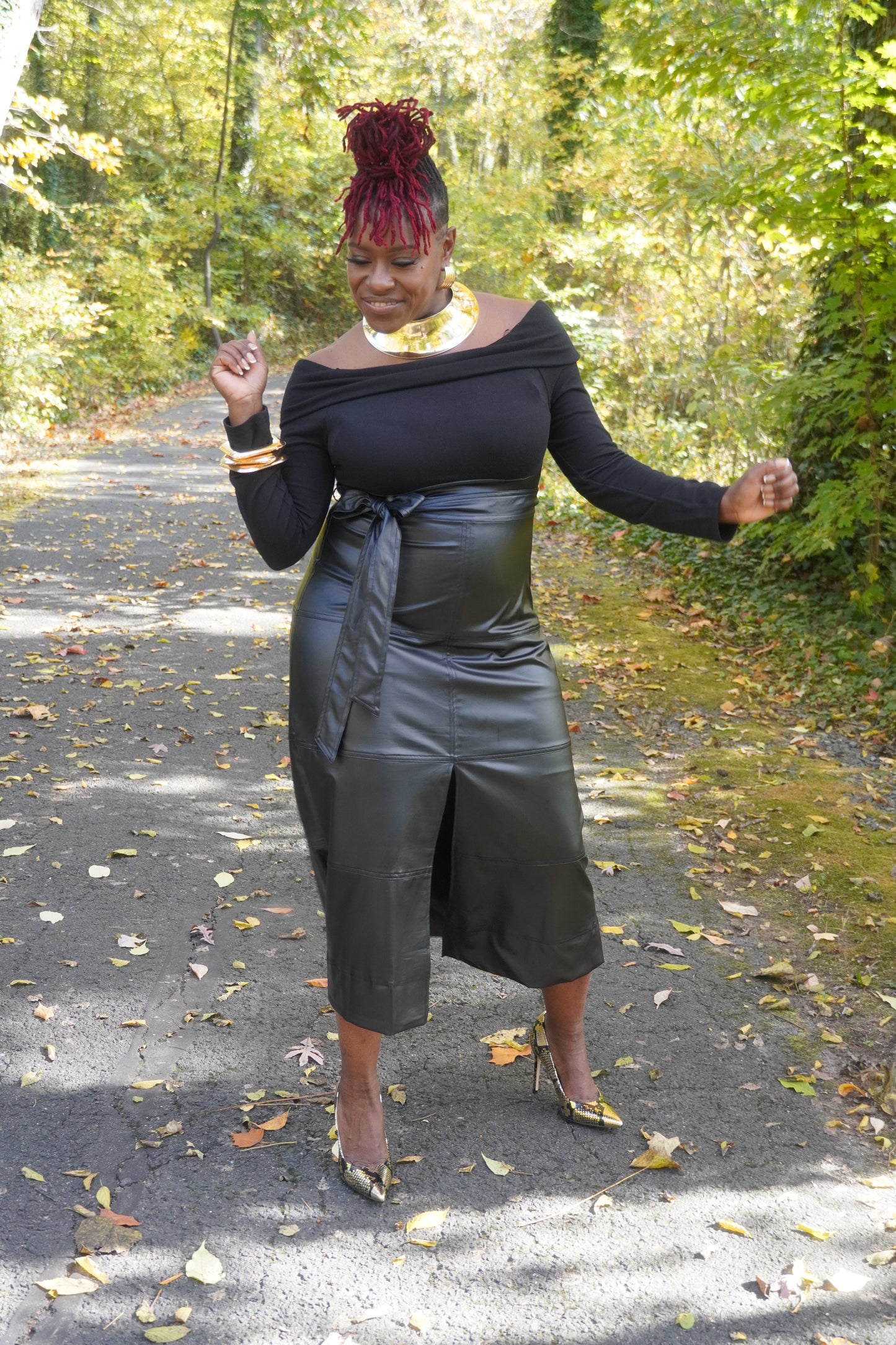 BLACK OFF SHOULDER FAUX LEATHER LONG DRESS