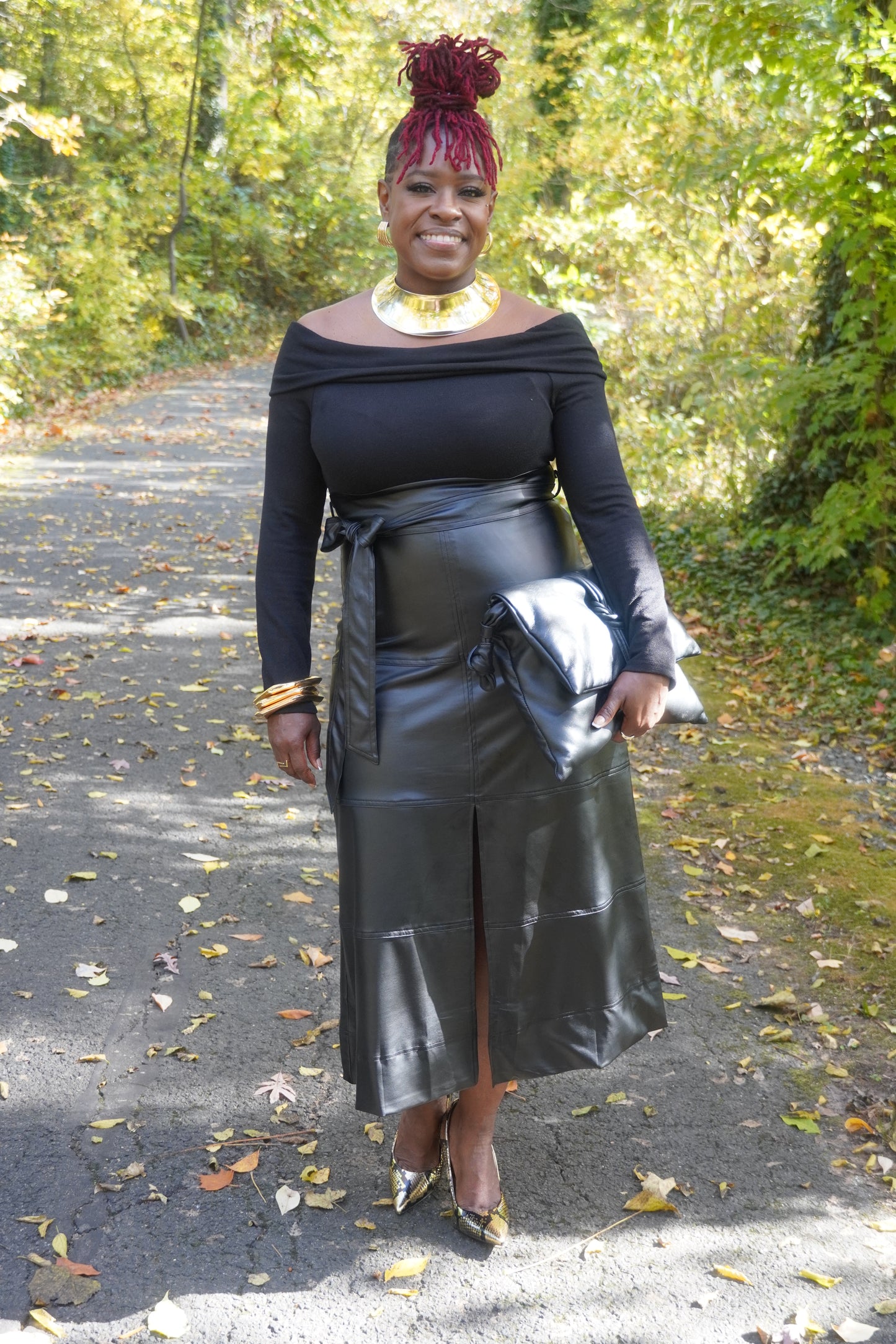 BLACK OFF SHOULDER FAUX LEATHER LONG DRESS