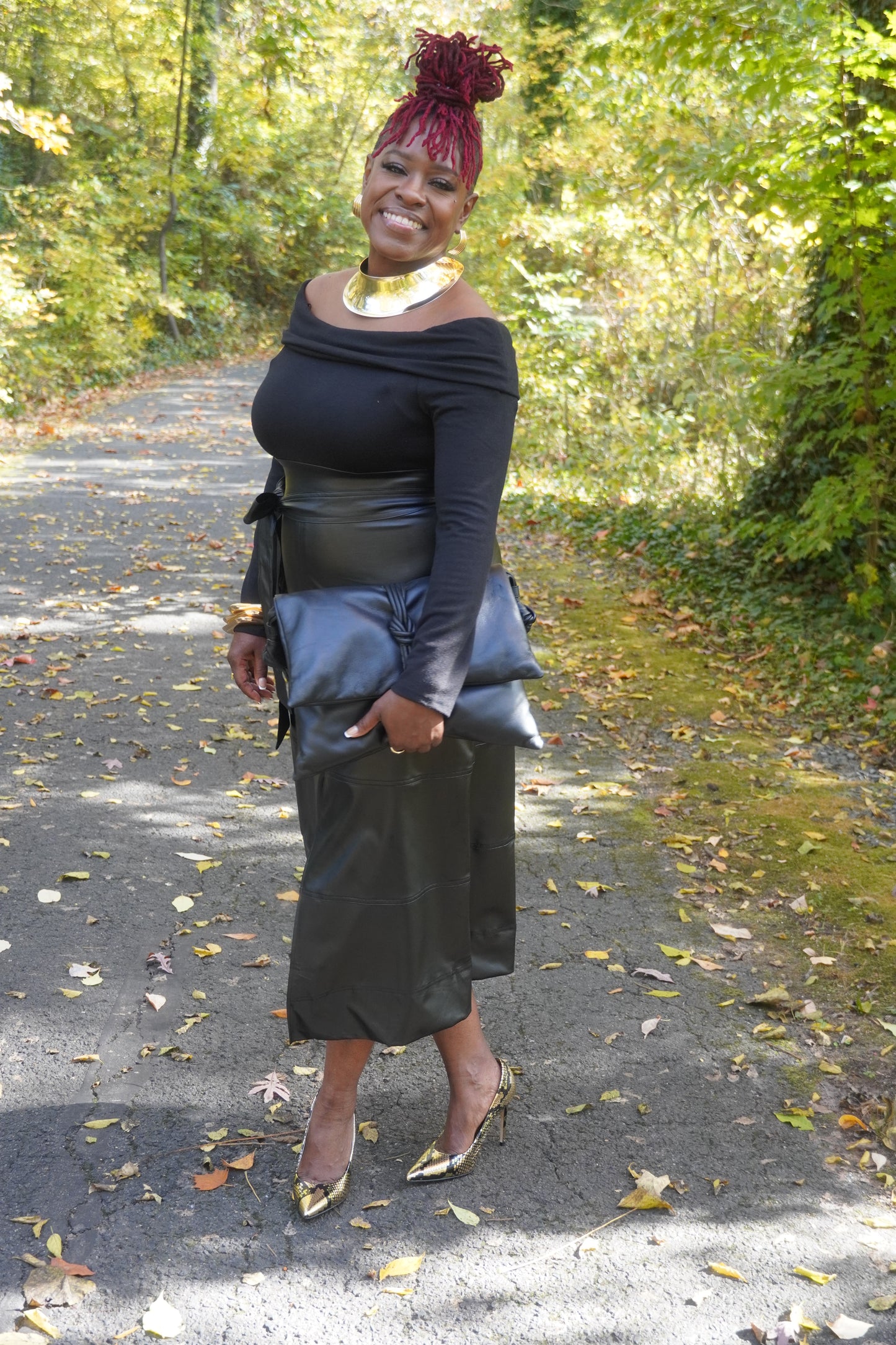 BLACK OFF SHOULDER FAUX LEATHER LONG DRESS