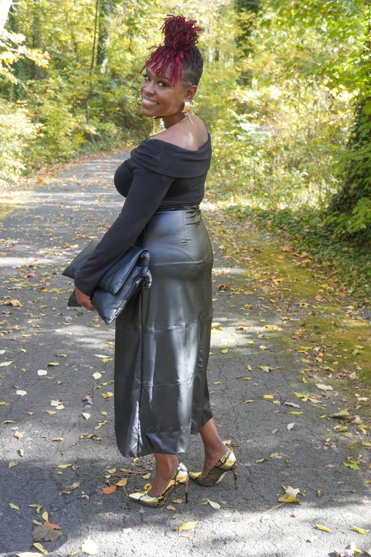 BLACK OFF SHOULDER FAUX LEATHER LONG DRESS