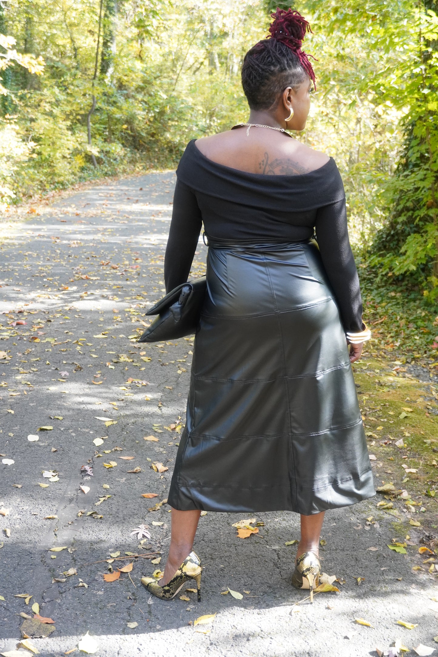 BLACK OFF SHOULDER FAUX LEATHER LONG DRESS