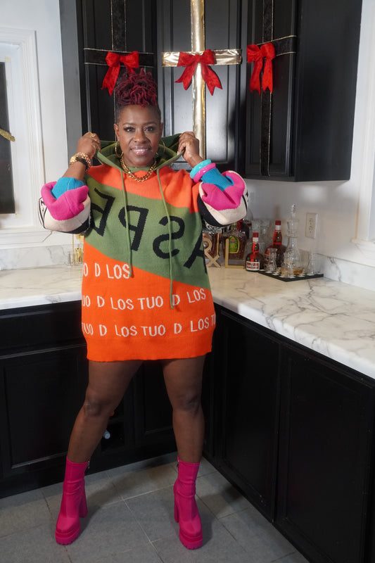 COLOR BLOCK KNIT HOODIE DRESS