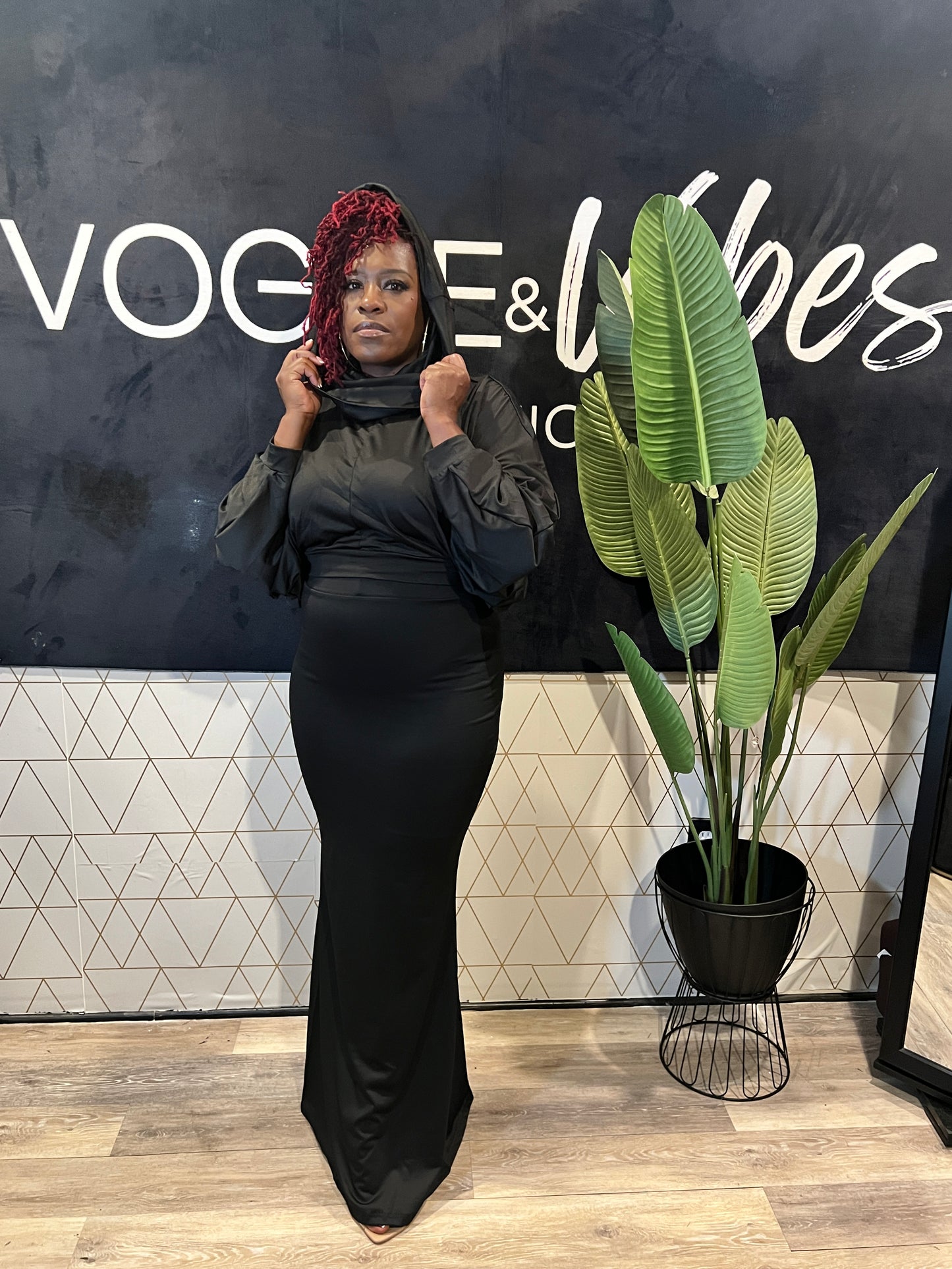 BLACK SOLID HOODIE CROP TOP AND MAXI SKIRT SET