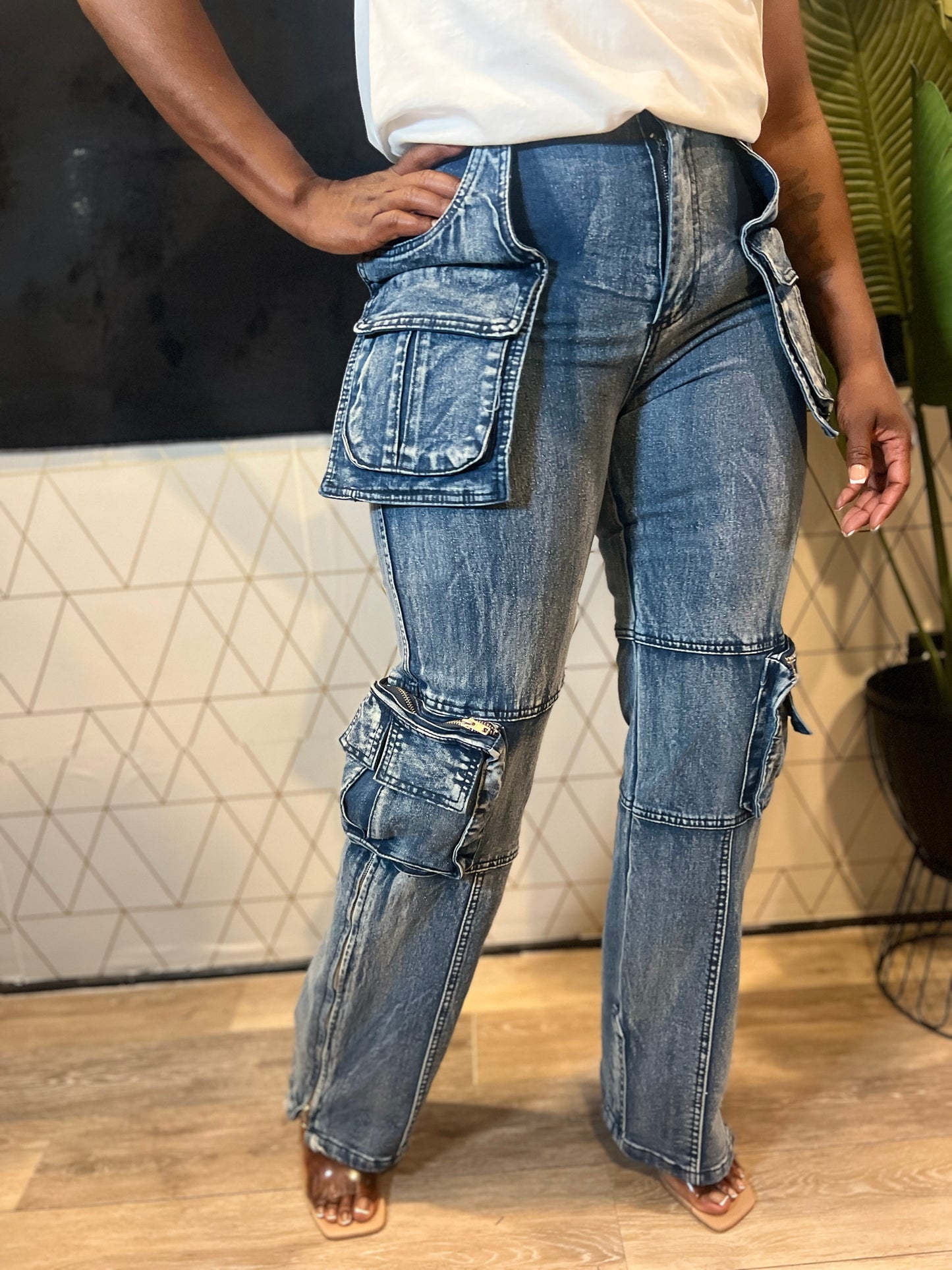 STRETCH DENIM CARGO PANTS WITH ZIPPER DETAIL
