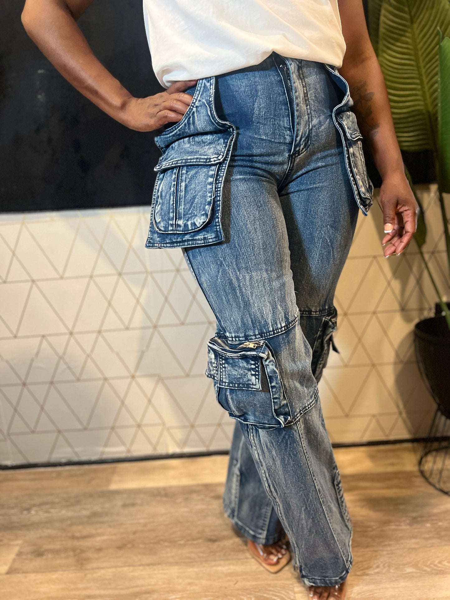 STRETCH DENIM CARGO PANTS WITH ZIPPER DETAIL