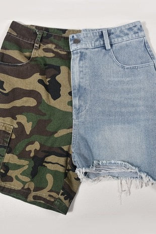 PLUS SIZE HALF CAMO AND HALF DENIM SHORTS